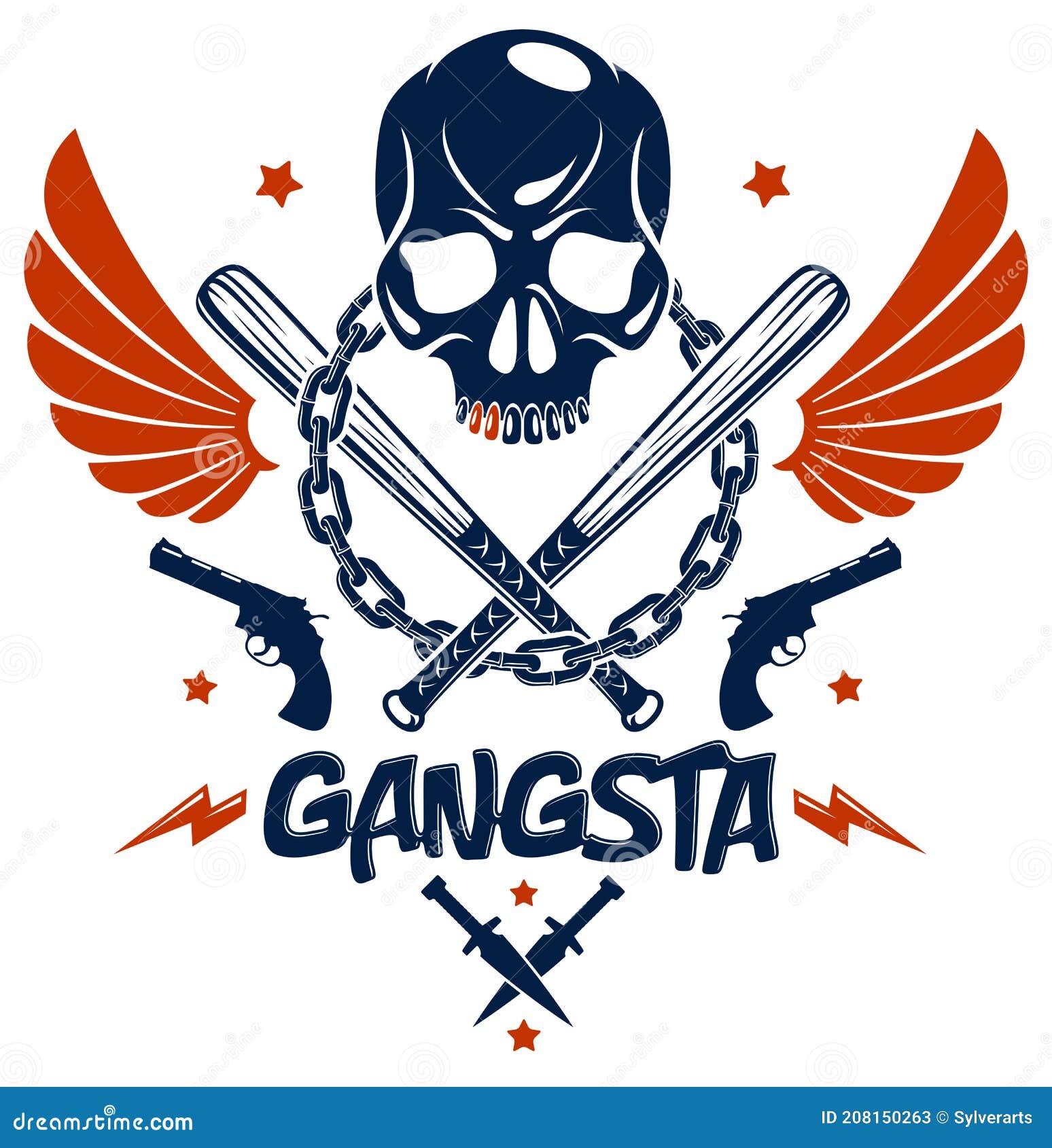 Gangster Emblem Logo or Tattoo with Aggressive Skull Baseball Bats and ...