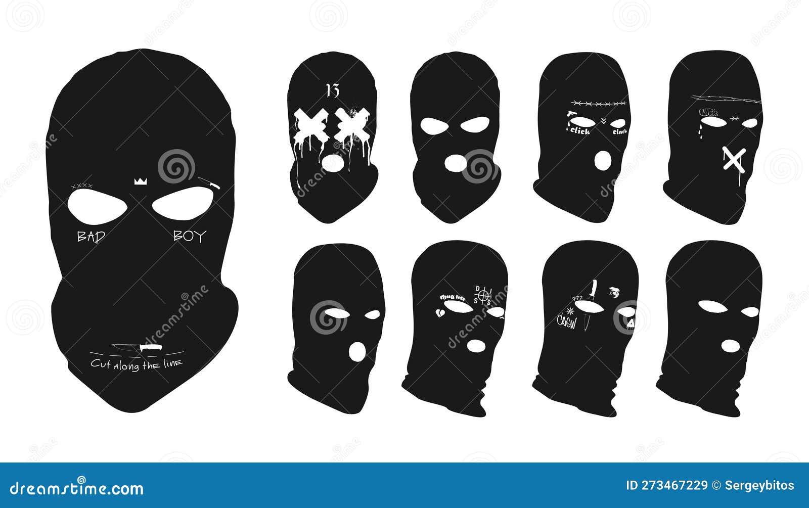 gangster masks with images and inscriptions, stylish balaclavas