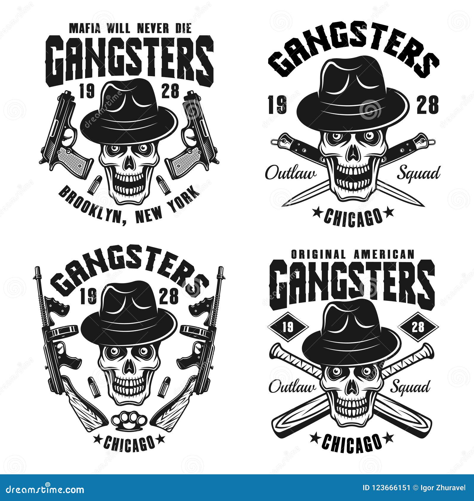 Gangsters Vector Emblems With Skull In Hat Stock Vector - Illustration ...
