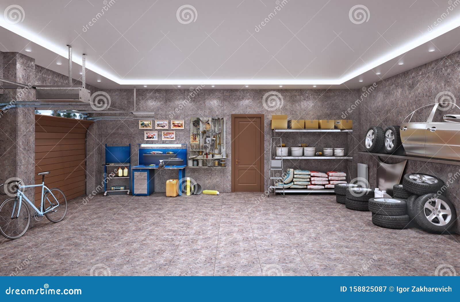 Garage Interior with Marble Tiles and Car Components Stock Illustration