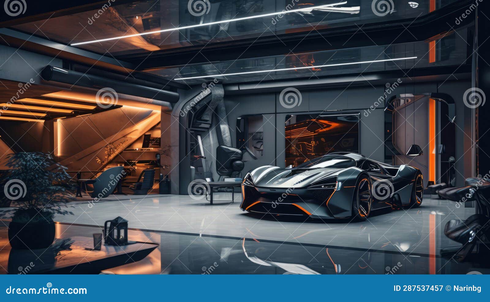 Garage Room of a Beautiful Futuristic Design. AI Generated Stock