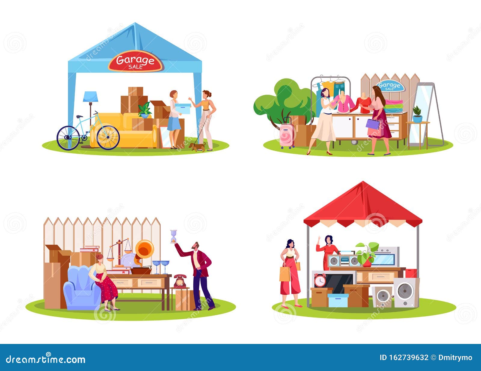 Garage Sale Flat Illustrations Set Stock Vector Illustration Of