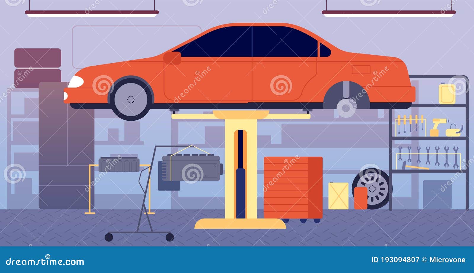 Garageninnenraum. Auto Reparatur Werkzeug Ausrüstung Lagerung.  Technologie-Inventar Für Auto-Haus Leeren Werkstattraum Vektor Abbildung -  Illustration von garage, unterstützung: 193094807