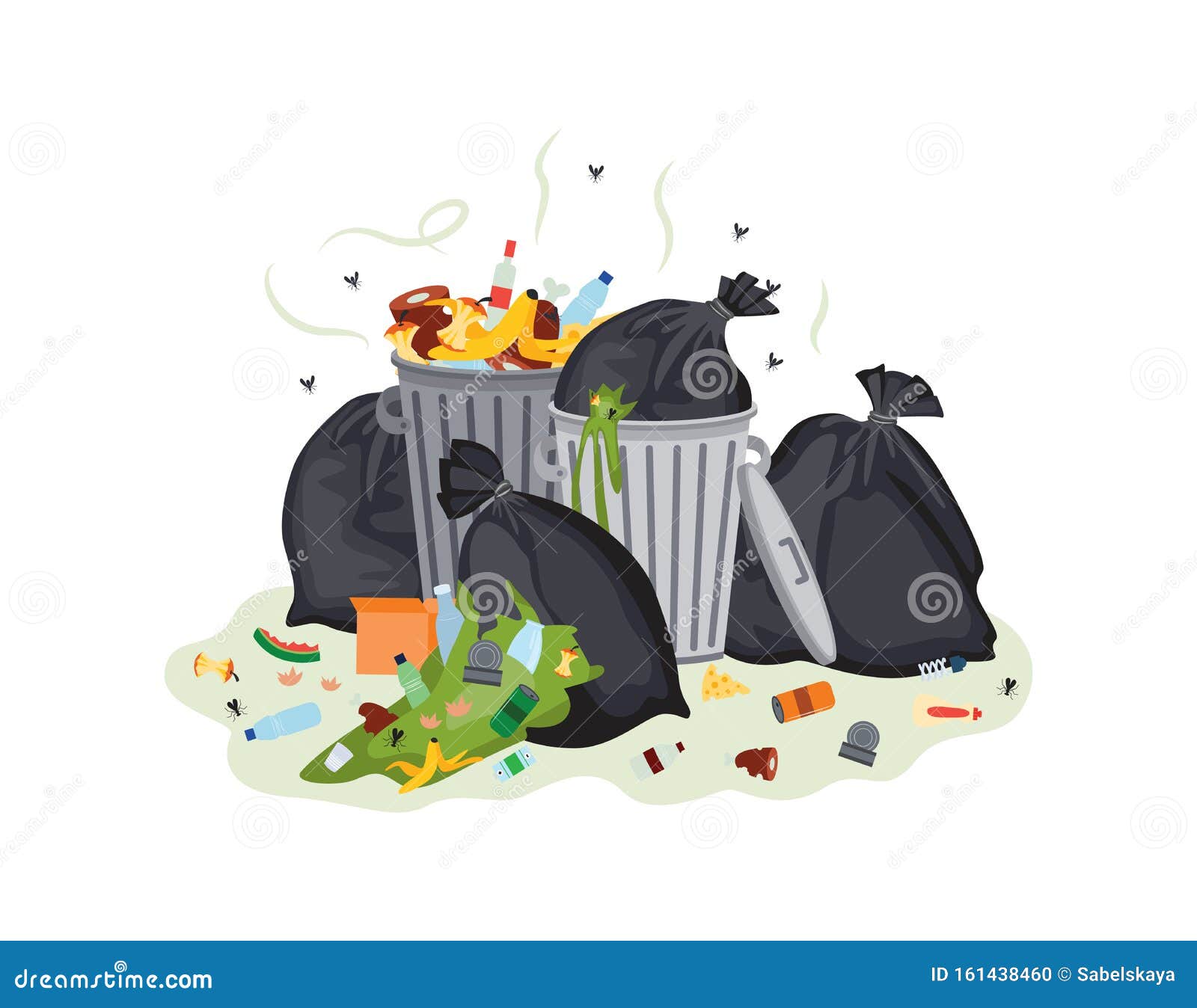 Garbage Bags and Waste Cans Stinking Flat Cartoon Vector Illustration ...