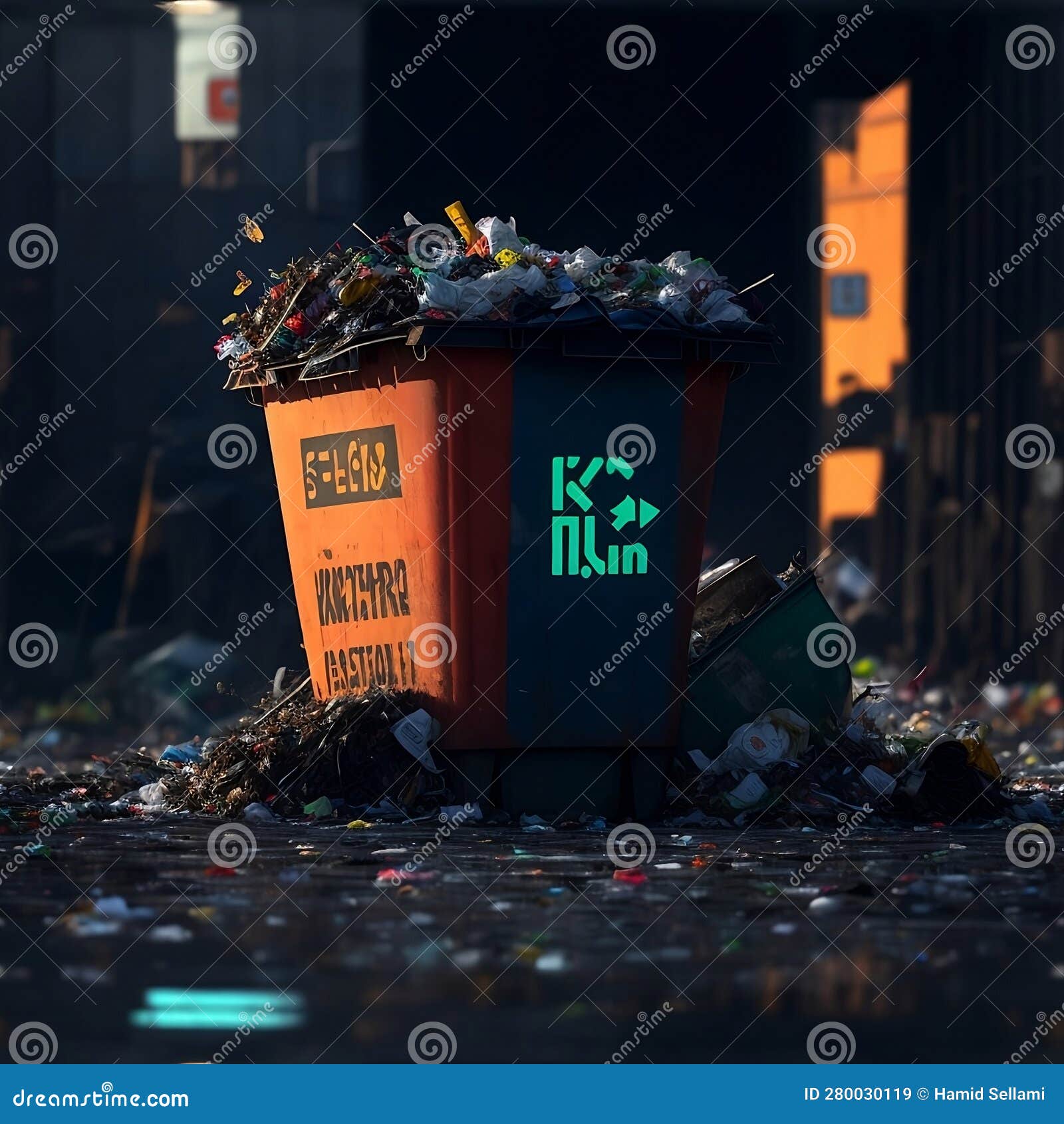 Garbage bin in the city stock illustration. Illustration of darkness