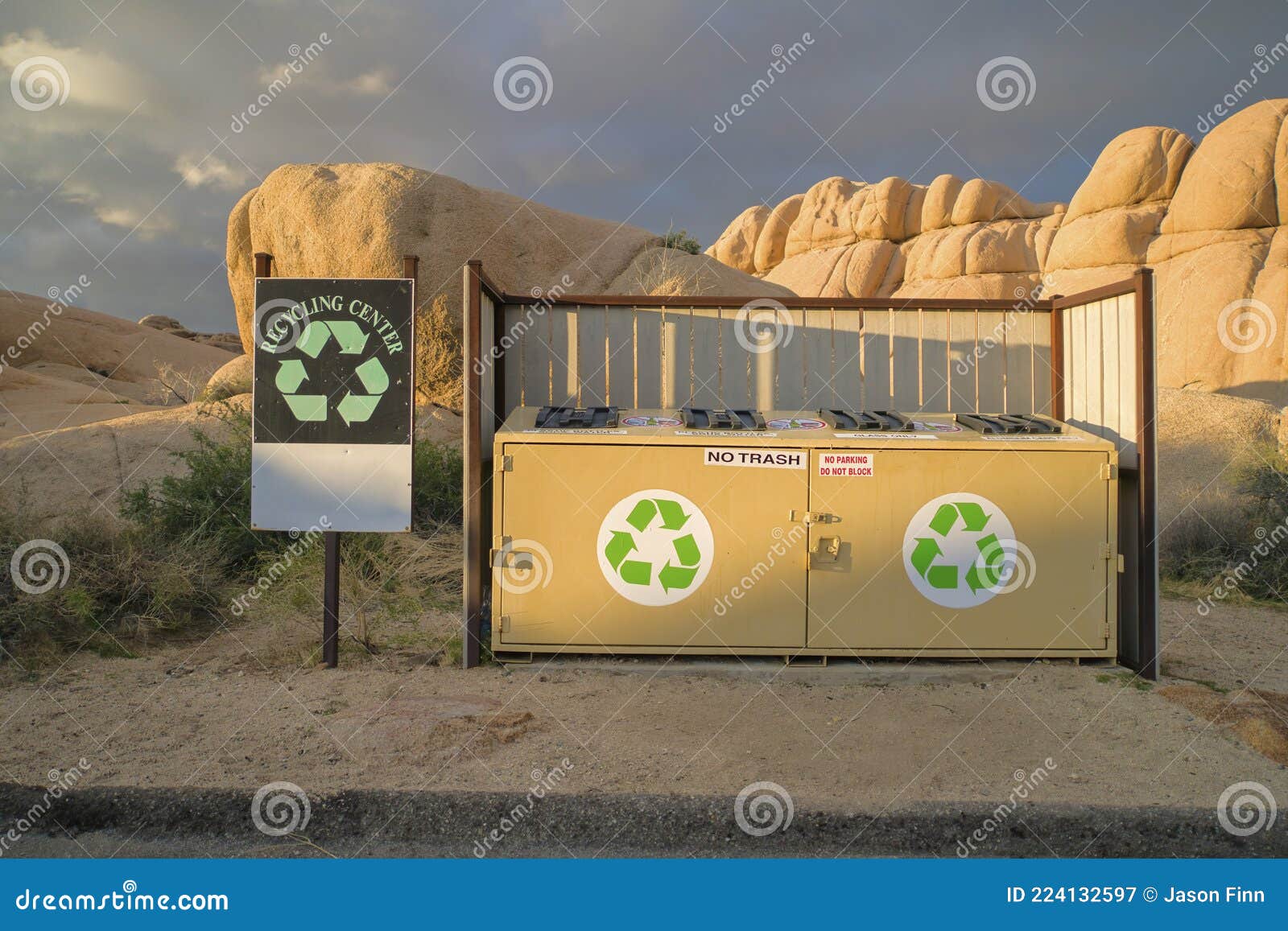 garbage bins for recyclable trash against rocks at joshua tree national park