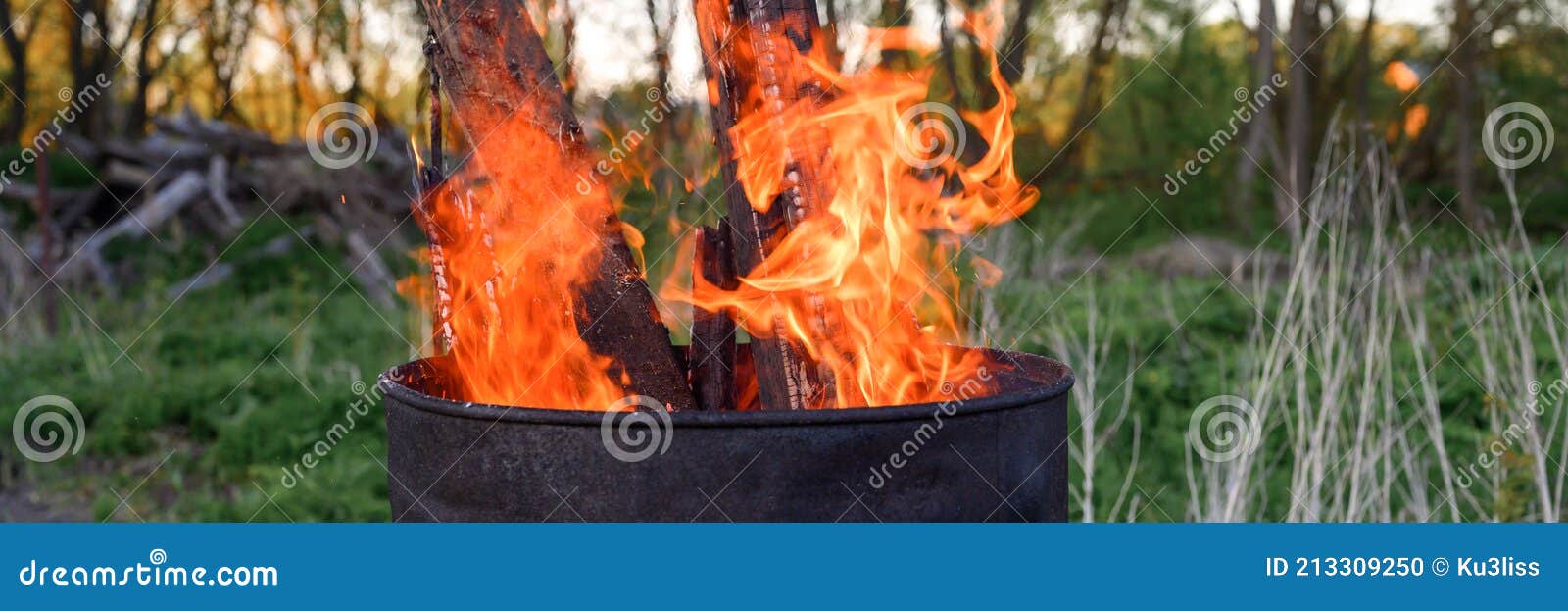 Garbage Incineration in Rusty Metal Barrel. Burning Branches and Old