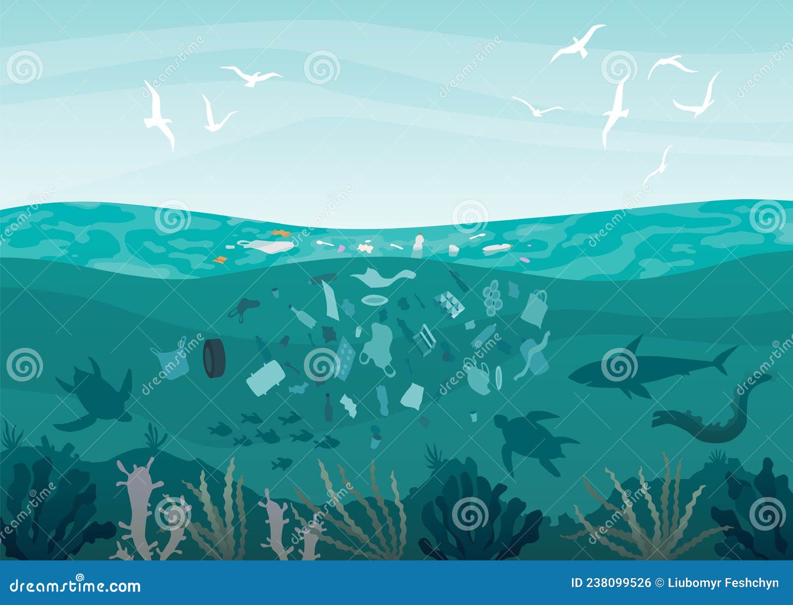 Garbage Polluted Ocean by Plastic, Masks, Gloves, Garbage. Cartoon ...