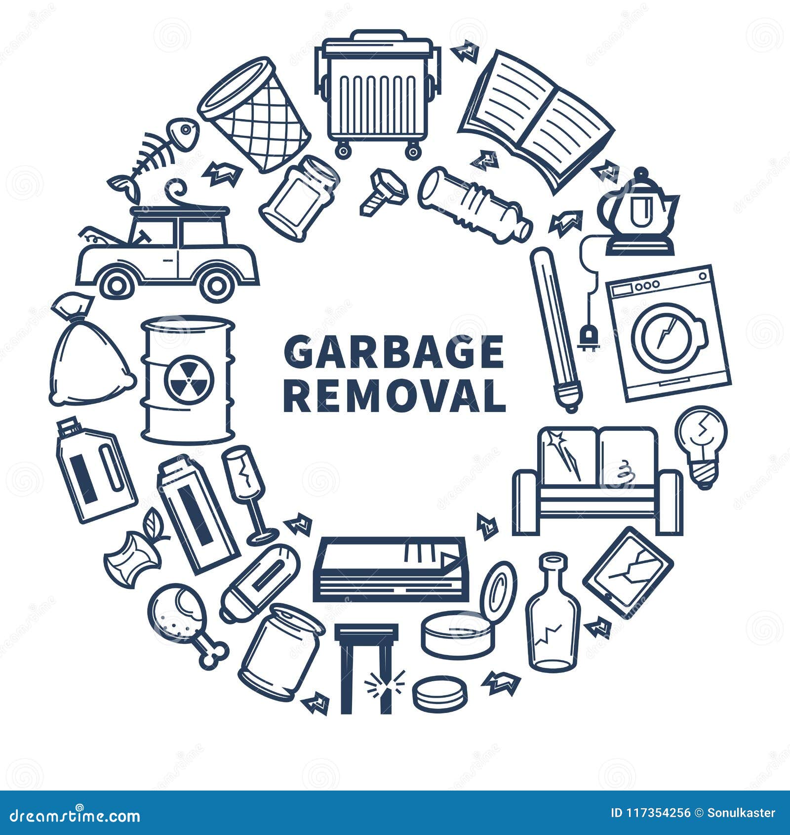 Garbage Removal Promo Monochrome Emblem With Rubbish In Circle