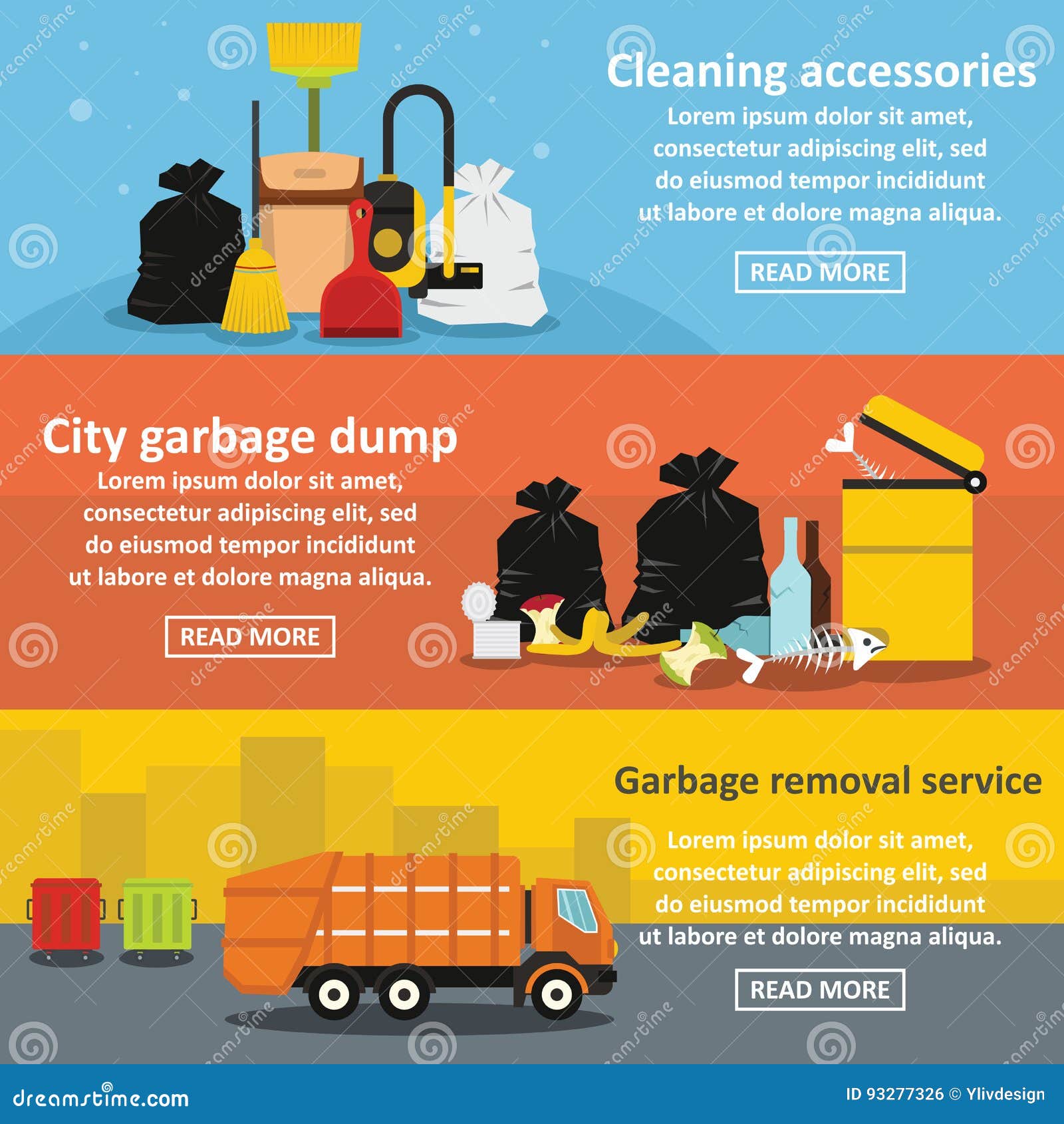 Garbage Service Banner Horizontal Set, Flat Style Stock Vector