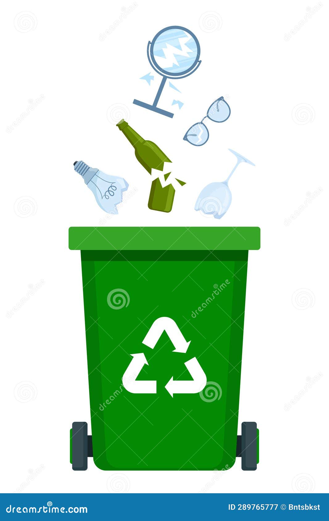 Garbage Sorting Set. Green Bin with Recycling Symbol for Glass Waste