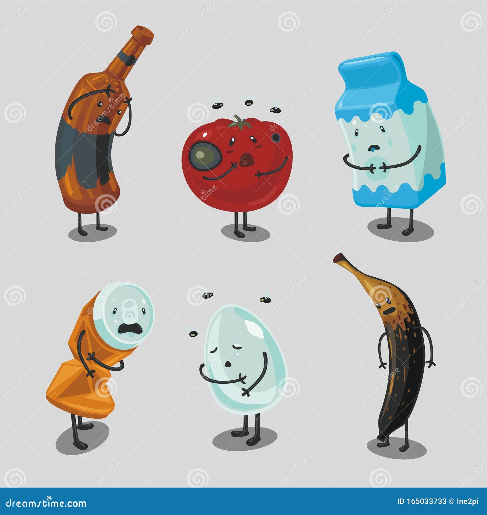garbage and trash cartoon character. spoiled food . landfill  background. products with expired date