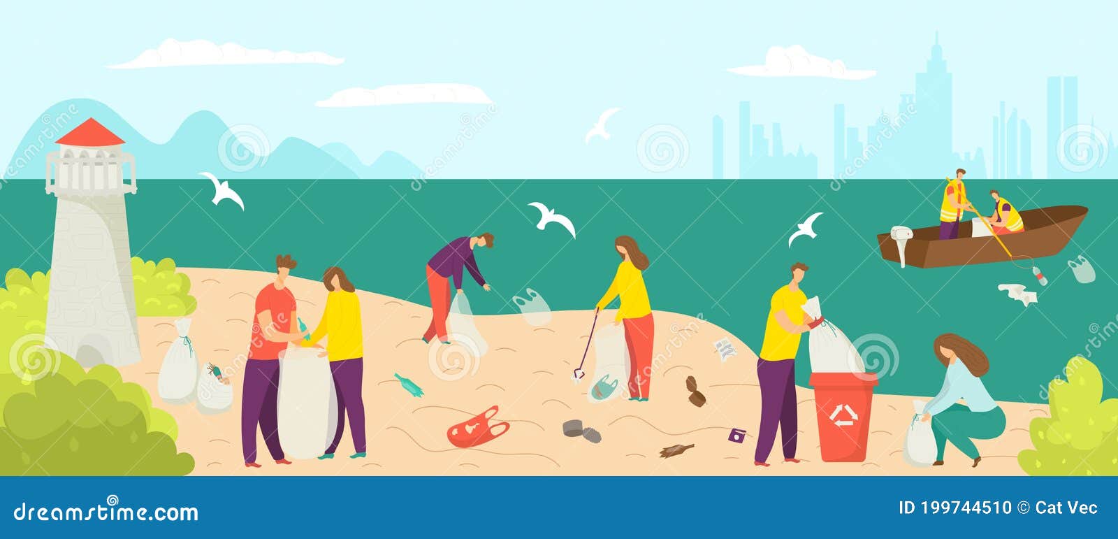Garbage Waste at Beach, Clean Environment at Shore Vector Illustration ...