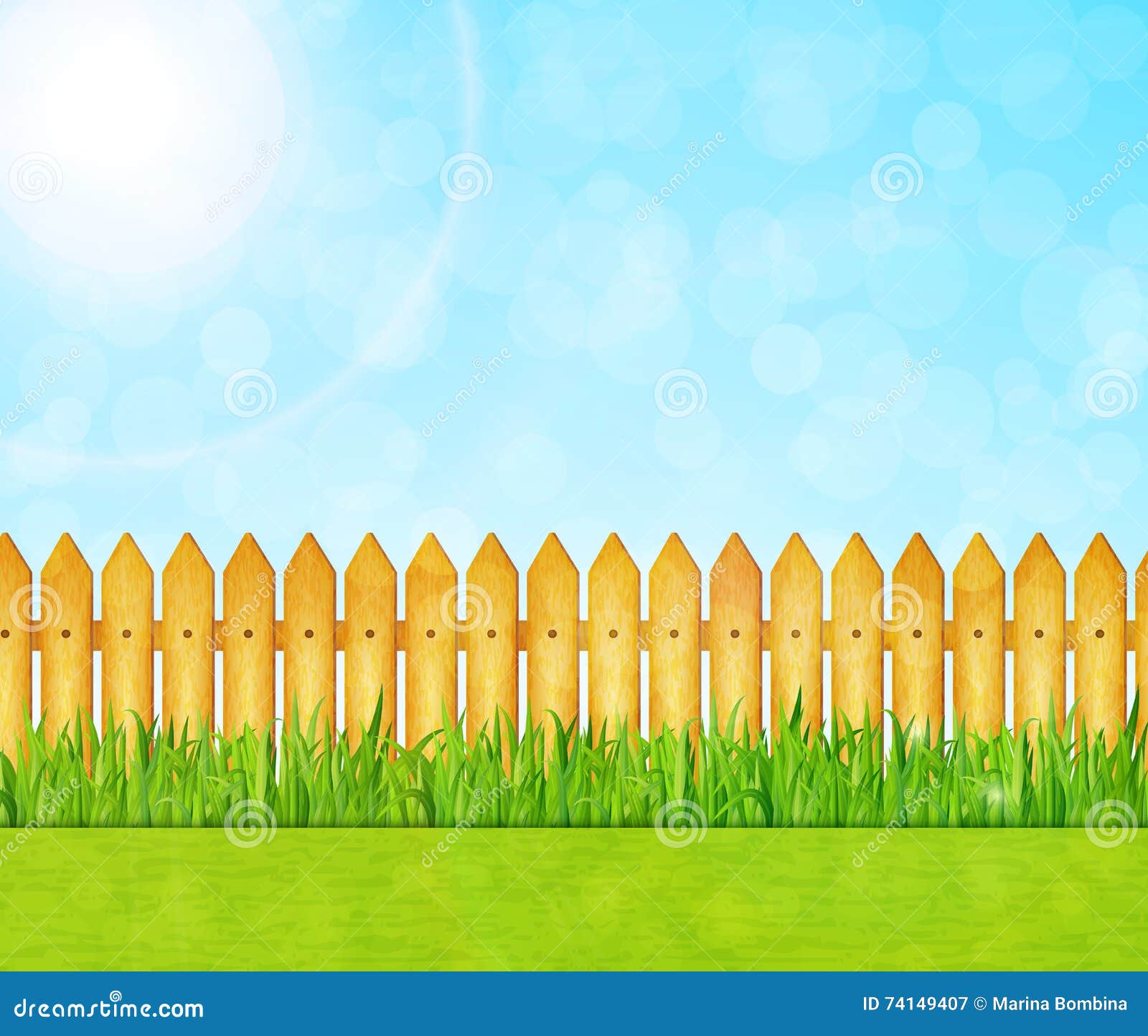 Garden Background with Green Grass and Wooden Fence Stock Vector
