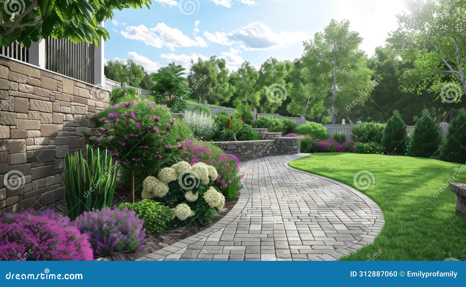 garden with brick path and flowers