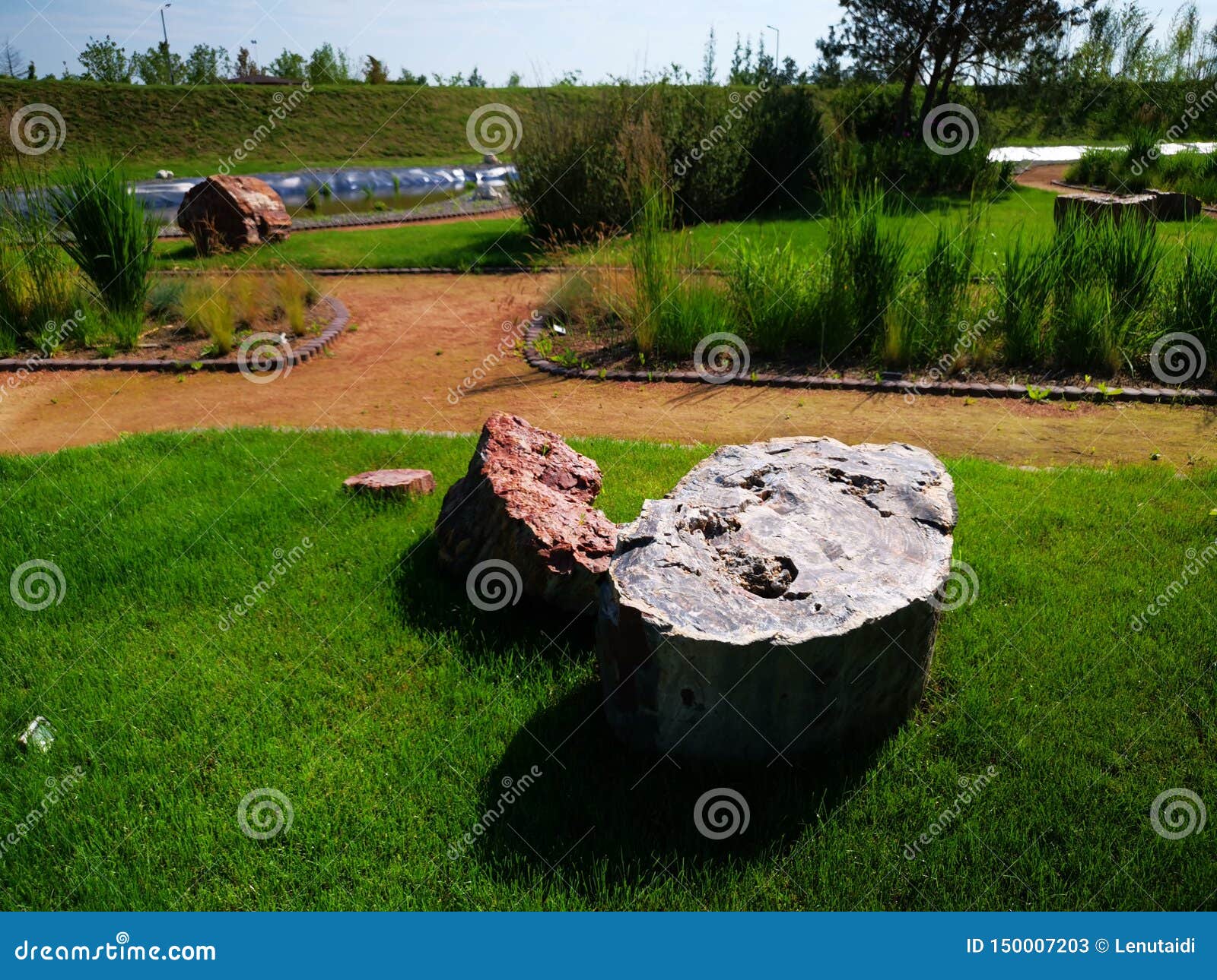 Garden With Decorative Stones Near A Lake Stock Image Image Of