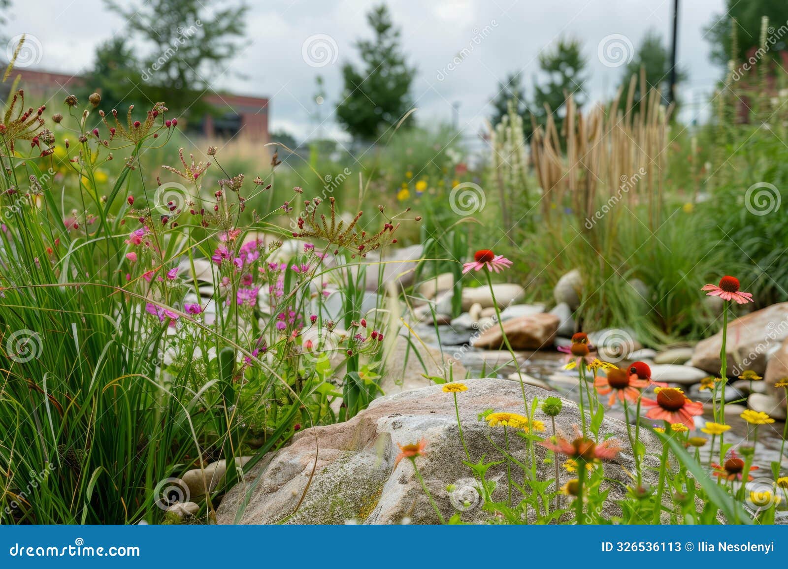 a garden filled with rocks, flowers, and a lush carpet of grass, showcasing a rewilding project reintroducing native