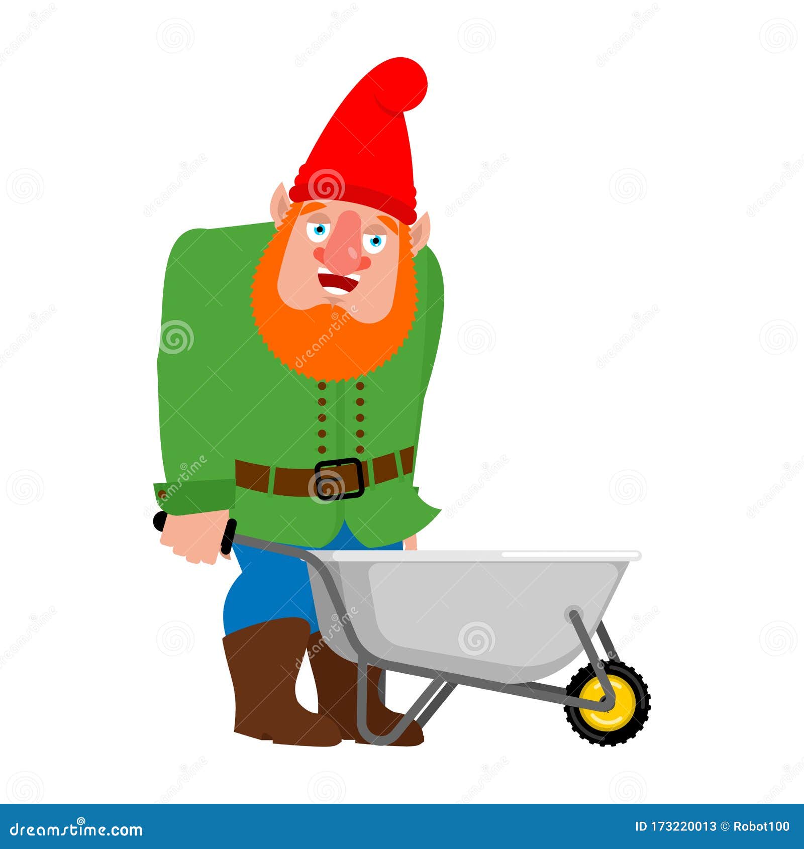 Garden Gnome with Wheelbarrow. Dwarf with Grounds Trolley Stock Vector