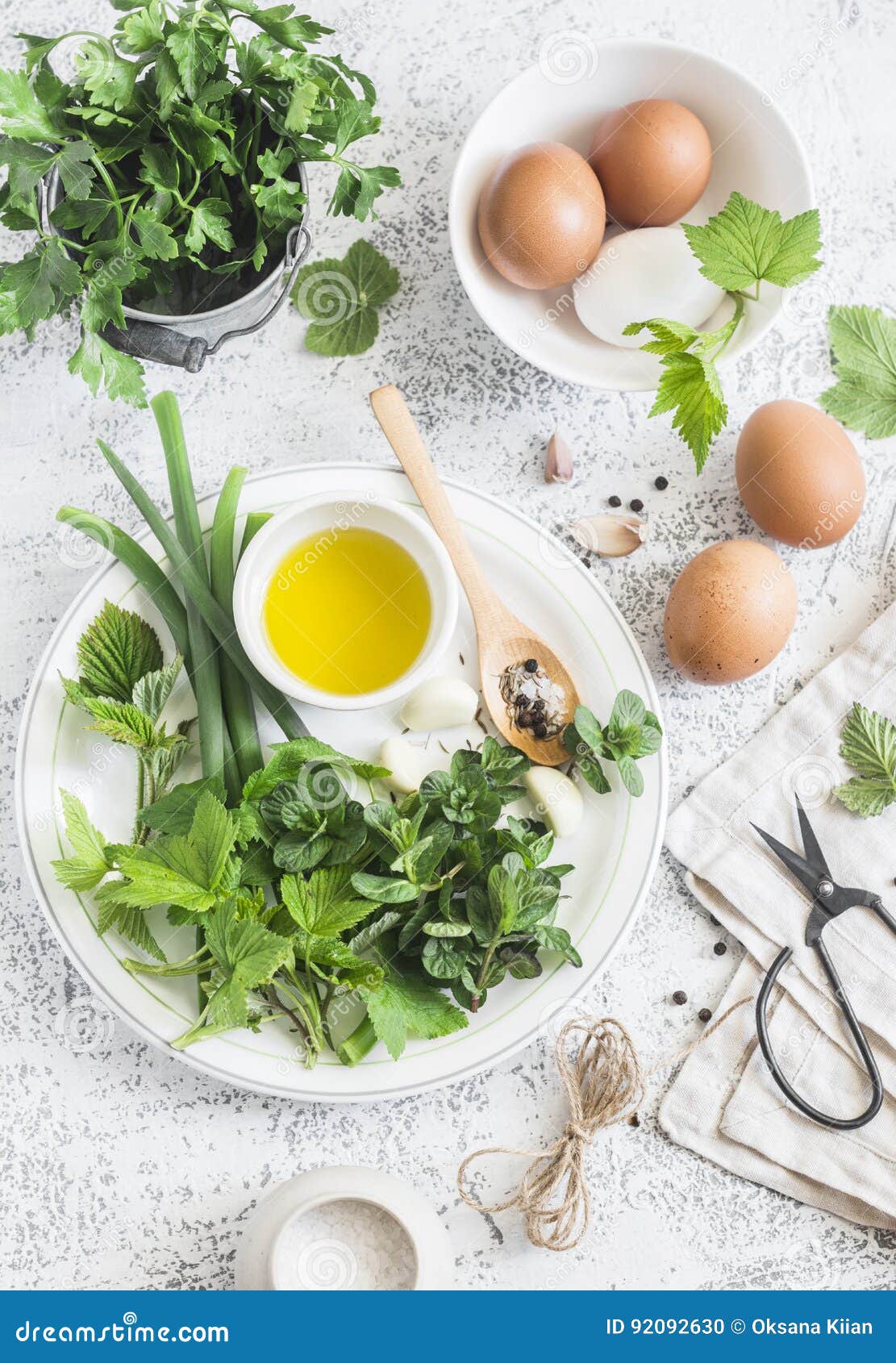 Garden Herbs, Spices and Eggs on a Light Table. Rustic Kitchen Still