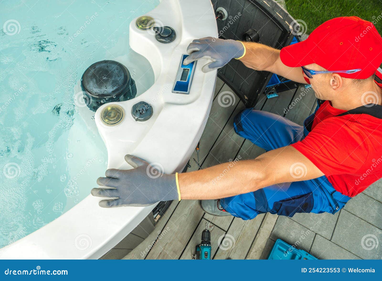 Garden Hot Tub Maintenance Performed by SPA Technician Stock Image