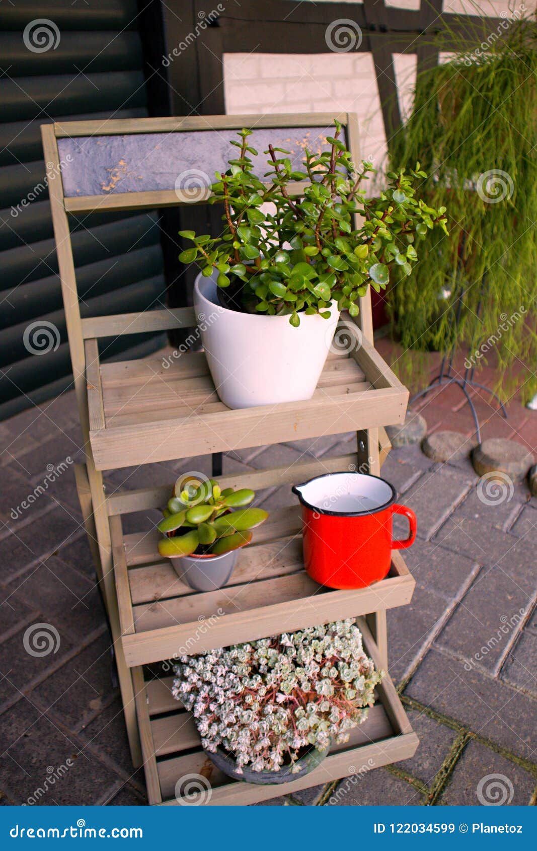 Garden Ideas Simple Design Wood Ladder Plant Stand Stock Image