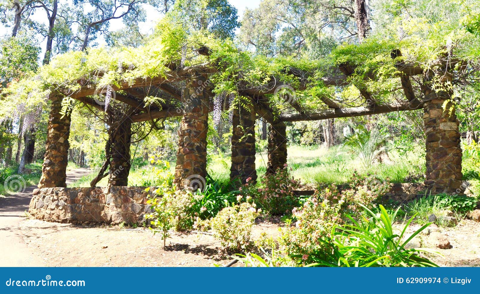 Garden Limestone Arbor With Hanging Wisteria Stock Photo 