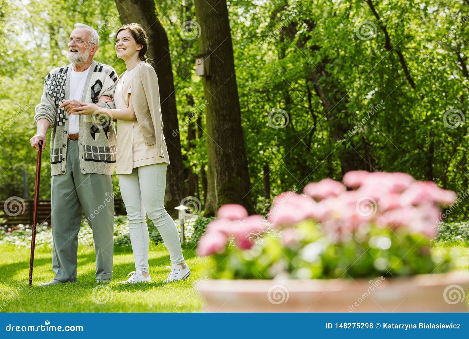 Garden of the Nursing Home and Nurse with Patient Stock Photo Image