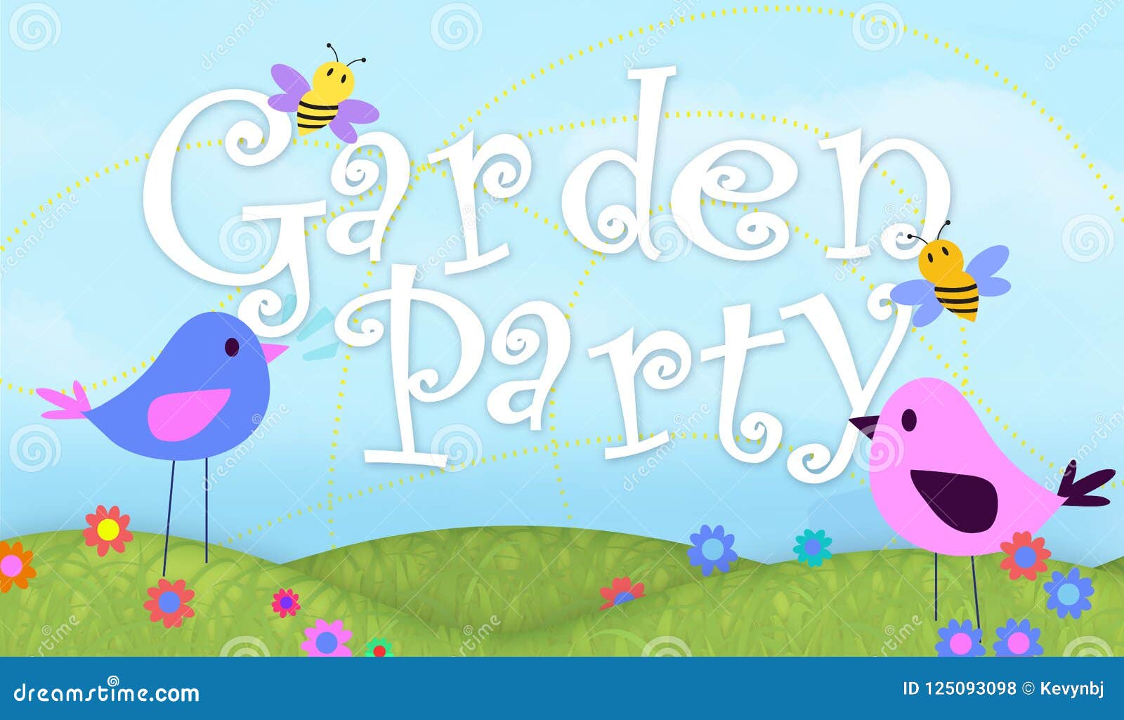 Garden Party Invitation Art With Birds And Bees Illustration Stock Illustration Illustration Of Grass Lawn 125093098