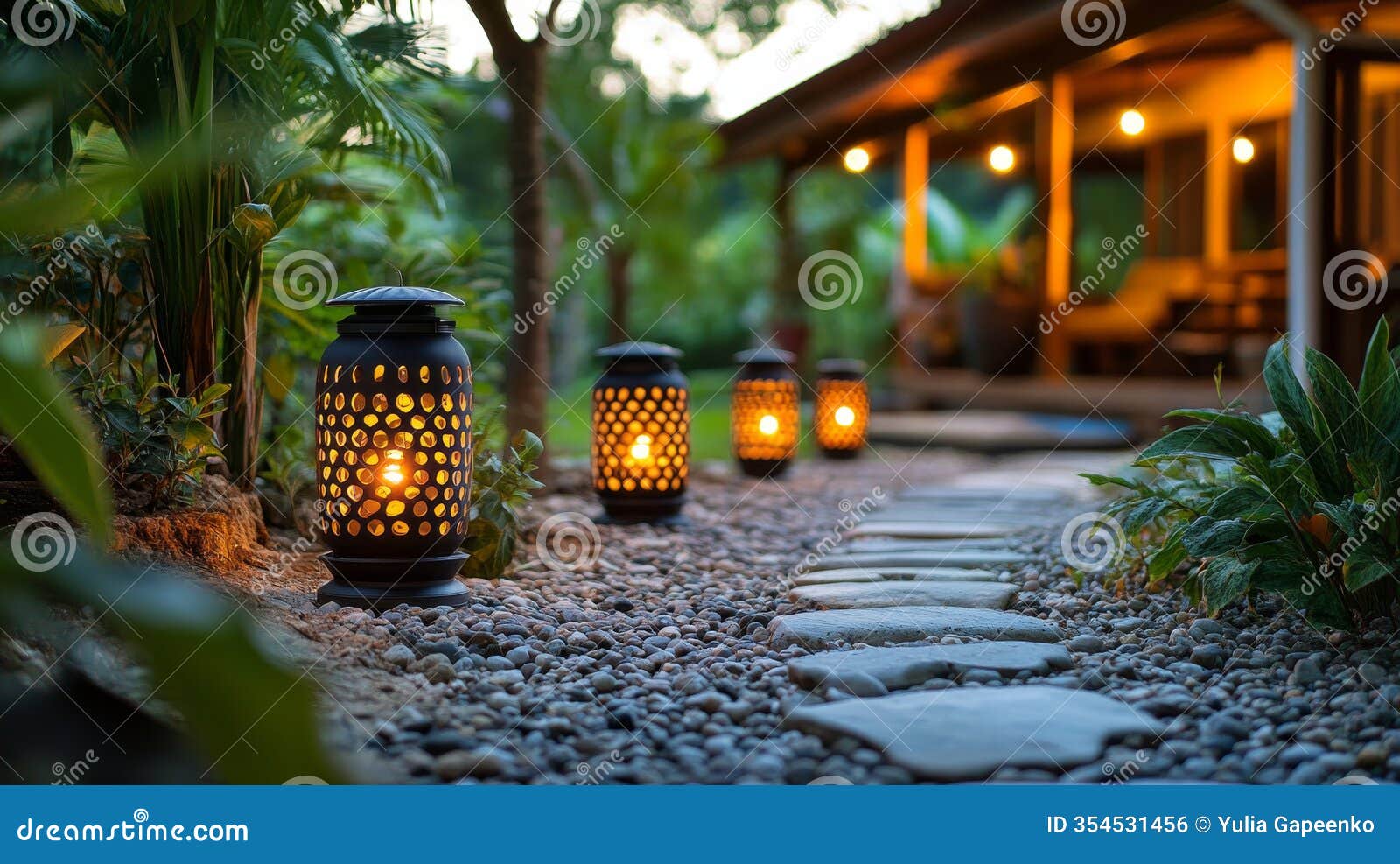 garden path illuminated by decorative lanterns at dusk with a cozy retreat in the background
