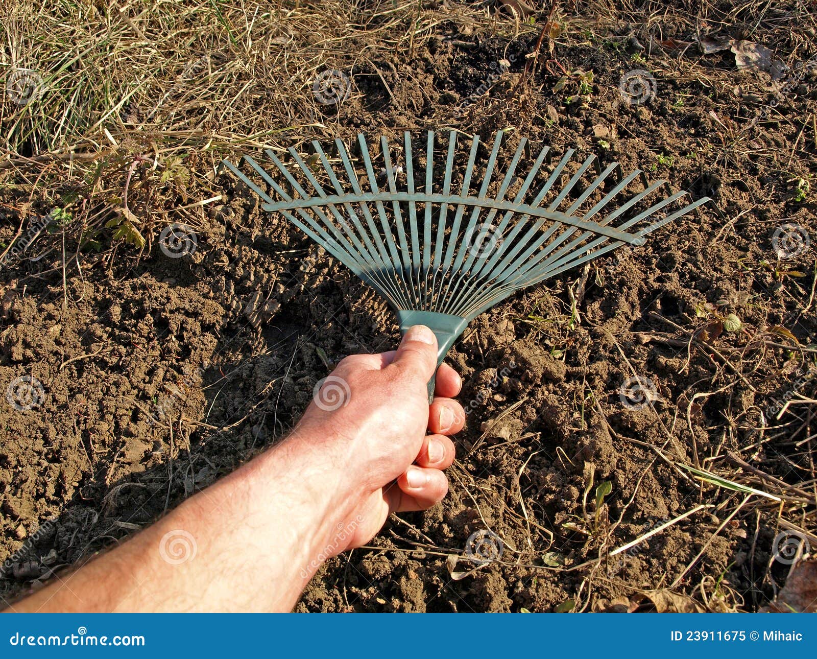 Garden rake in action stock image. Image of hand, spring - 23911675