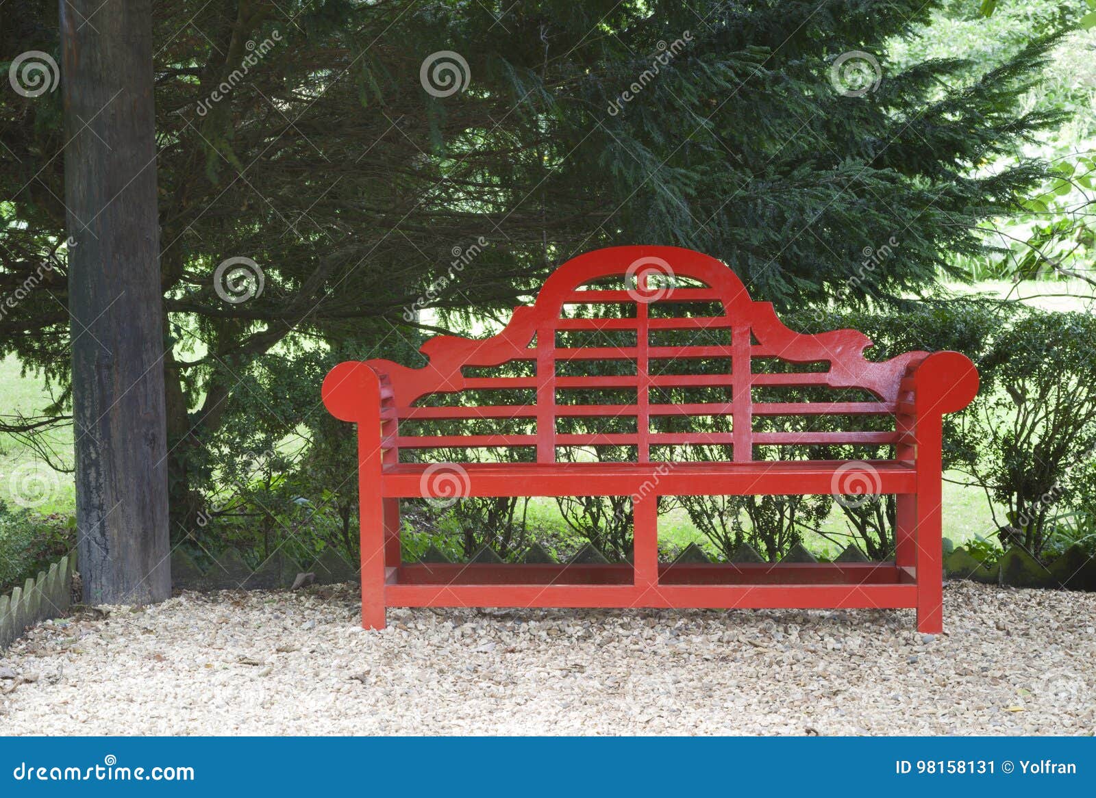 Garden with Red Oriental Style Bench Under a Tree Stock Image Image