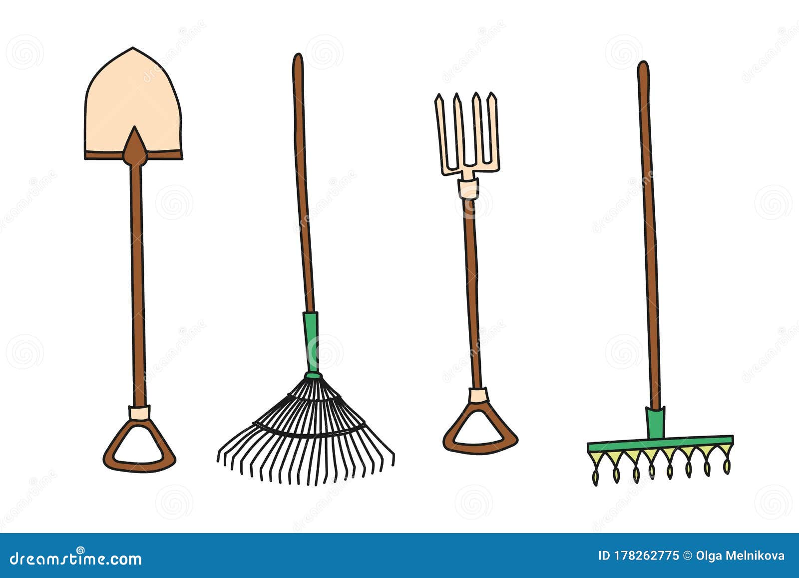 Garden Shovel, Pitchfork and Rake. Hand Drawn Simple Vector Icon. Stock