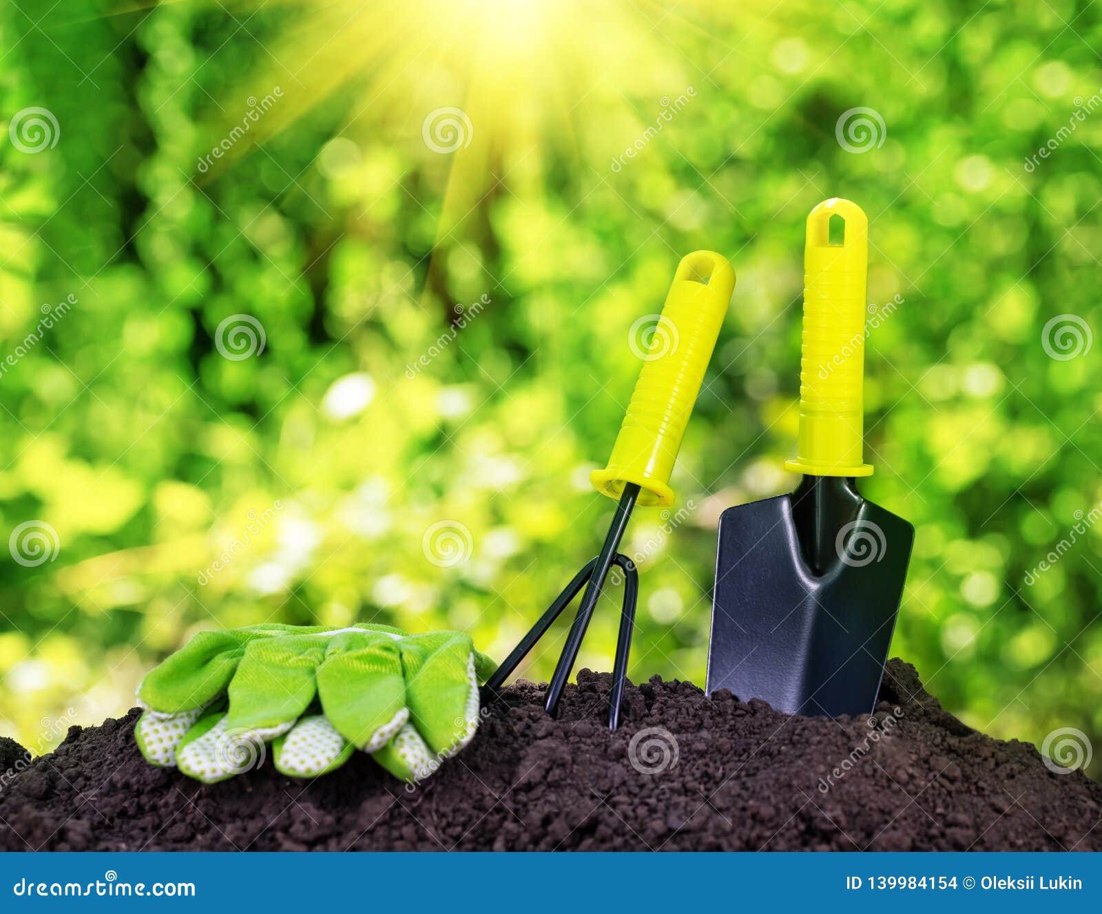 Garden Tools Rake Trowel and Gloves on Pile of Soil Stock Photo - Image ...