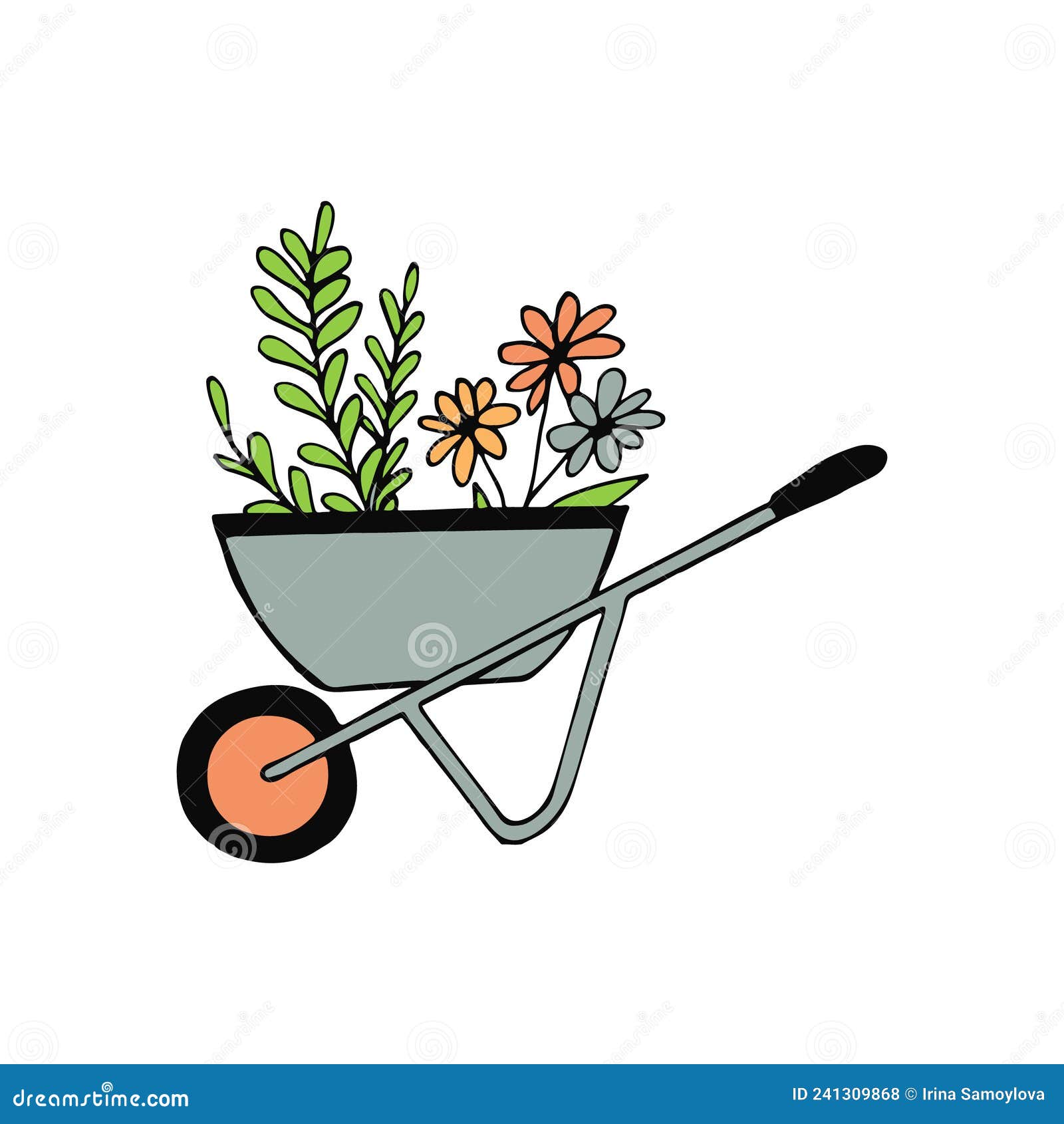 Garden Wheelbarrow with Flowers. Hand Drawn in Doodle Style. Cartoon ...