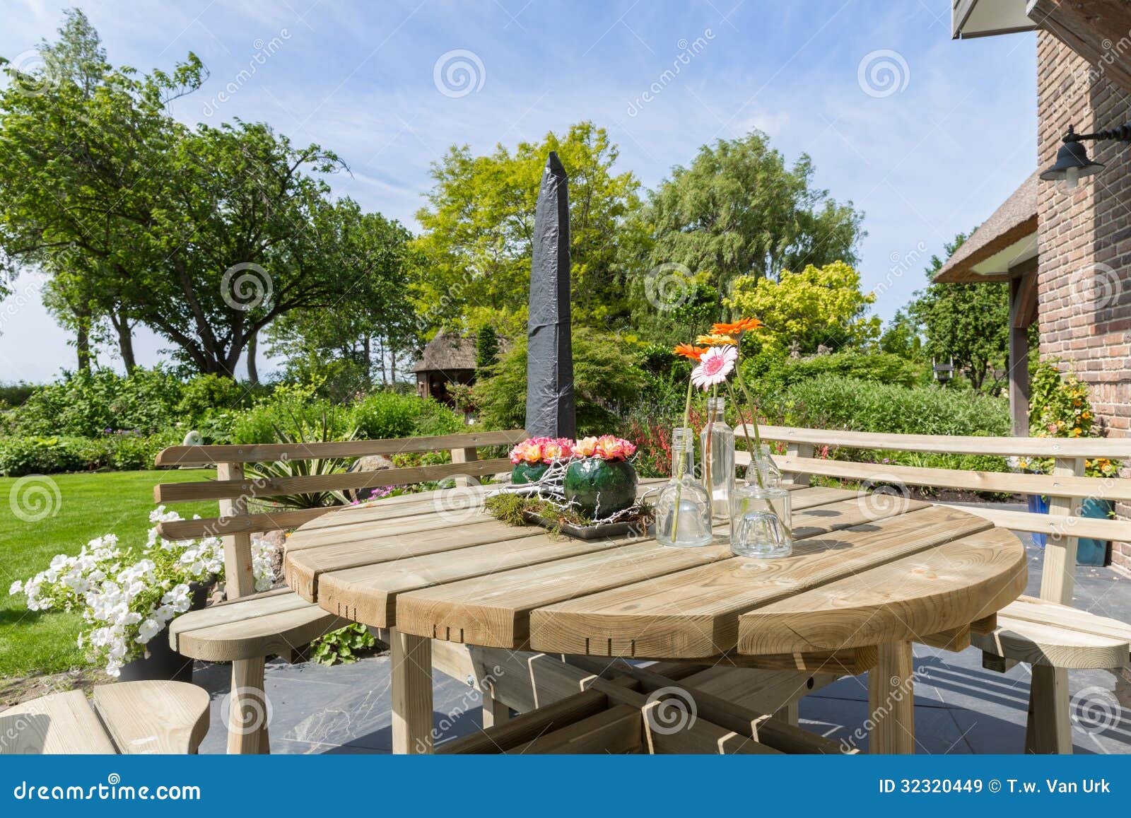 Garden with Wooden Bench and Table Stock Image Image of chair