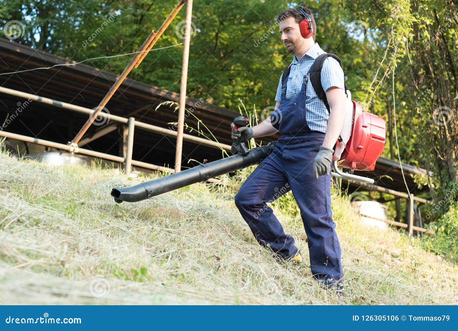 Gardener Clearing Up the Leaves Using a Leaf Blower Stock Photo Image