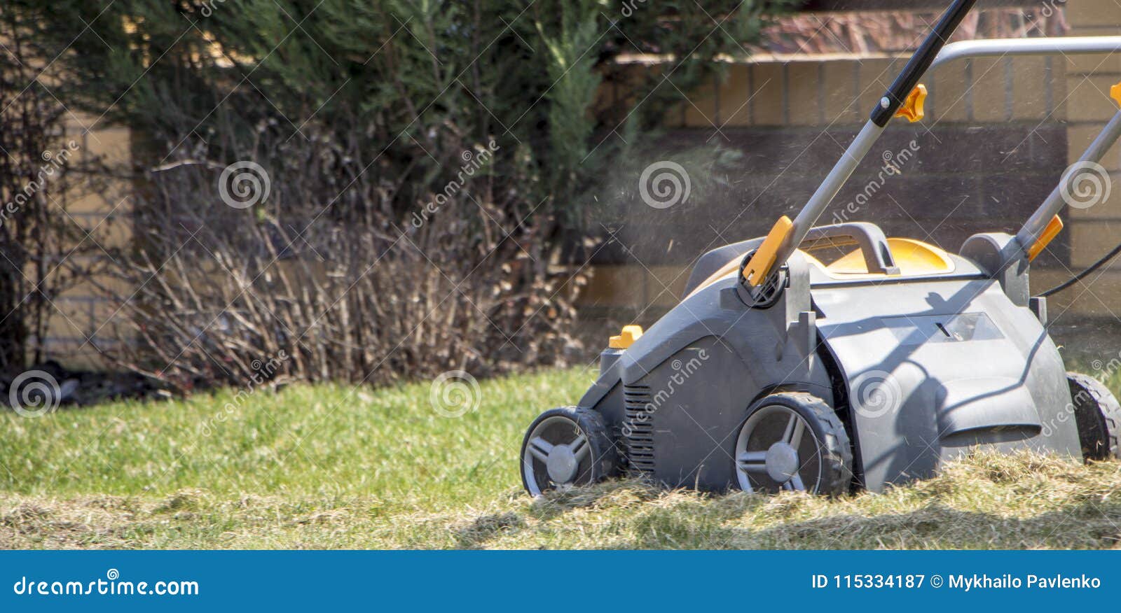 Gardener Operating Soil Aeration Machine on Grass Lawn Stock Image