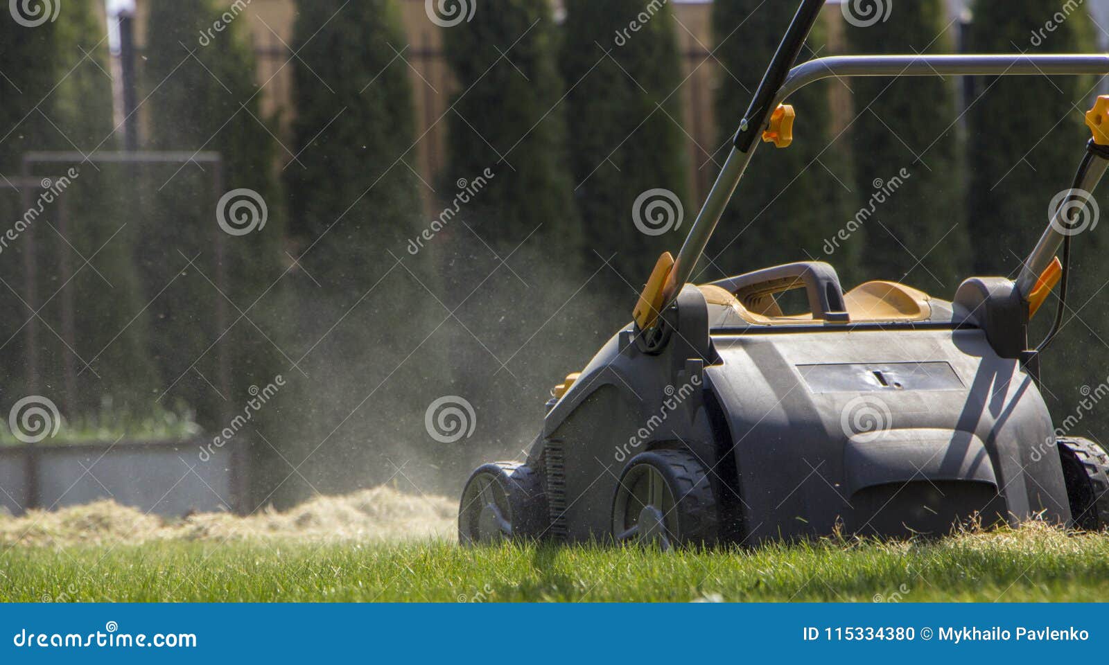 Gardener Operating Soil Aeration Machine on Grass Lawn Stock Photo
