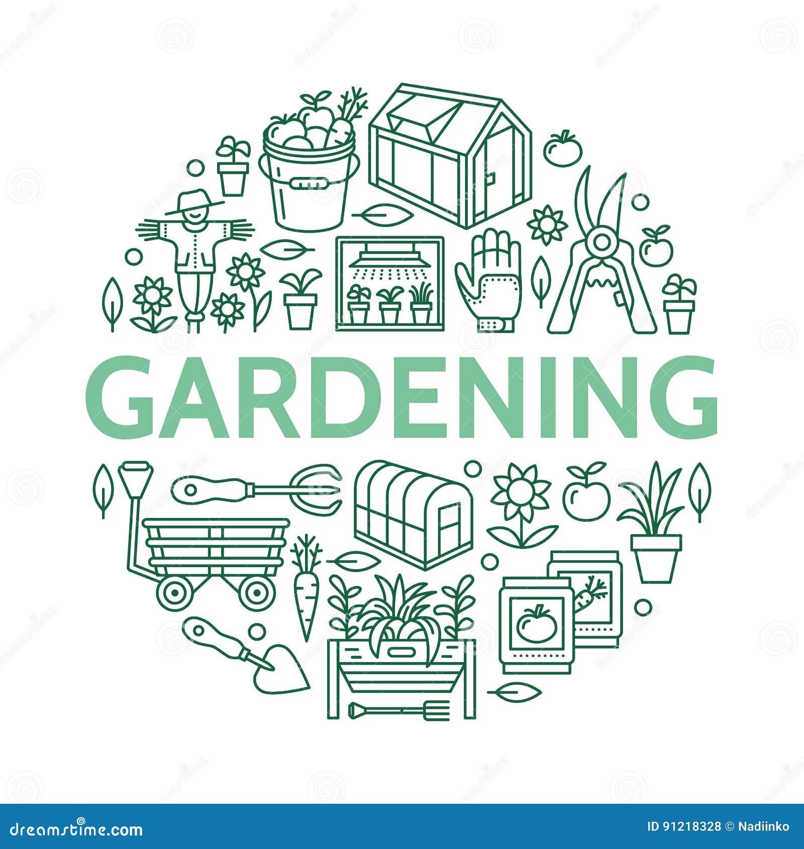gardening, planting horticulture banner with  line icon. garden equipment, organic seeds, green house, pruners