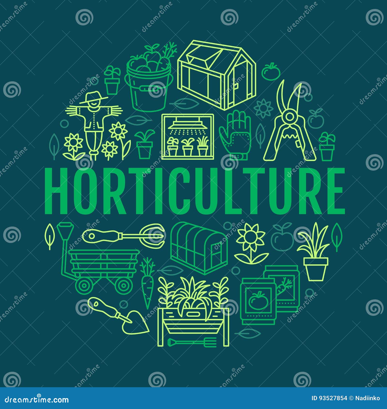 gardening, planting horticulture banner with  line icon. garden equipment, organic seeds, green house, pruners