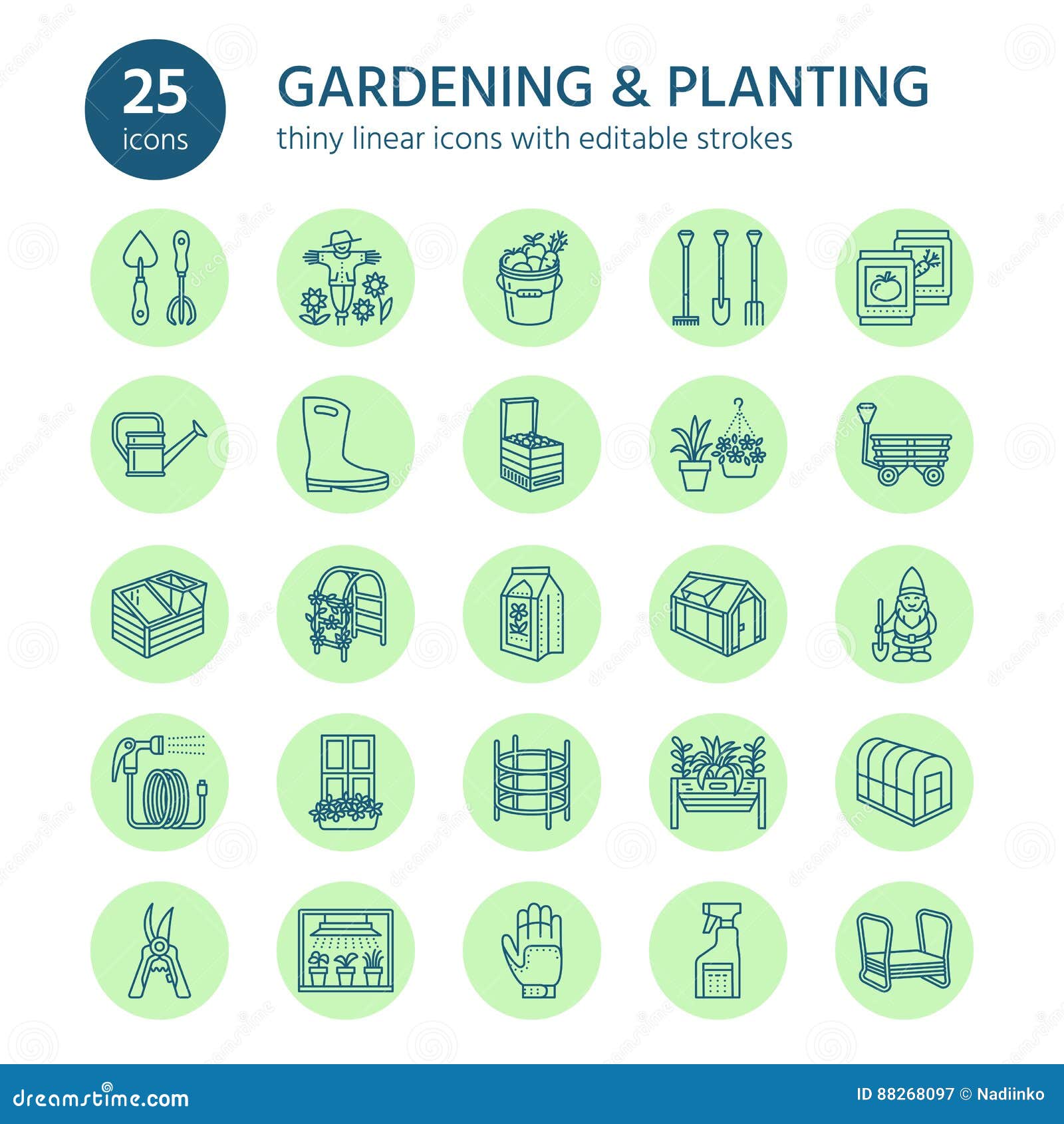 gardening, planting and horticulture line icons. garden equipment, organic seeds, fertilizer, greenhouse, pruners