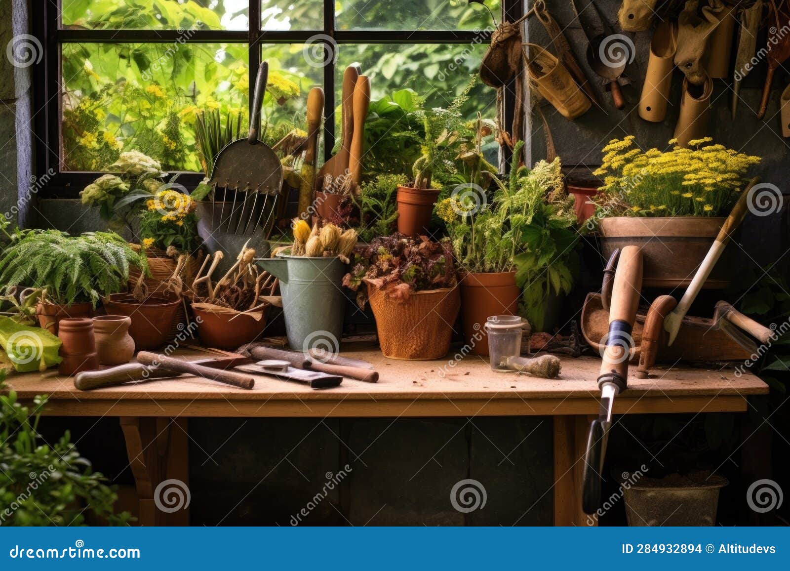 Gardening Tools Arranged on a Potting Bench Stock Photo Image of