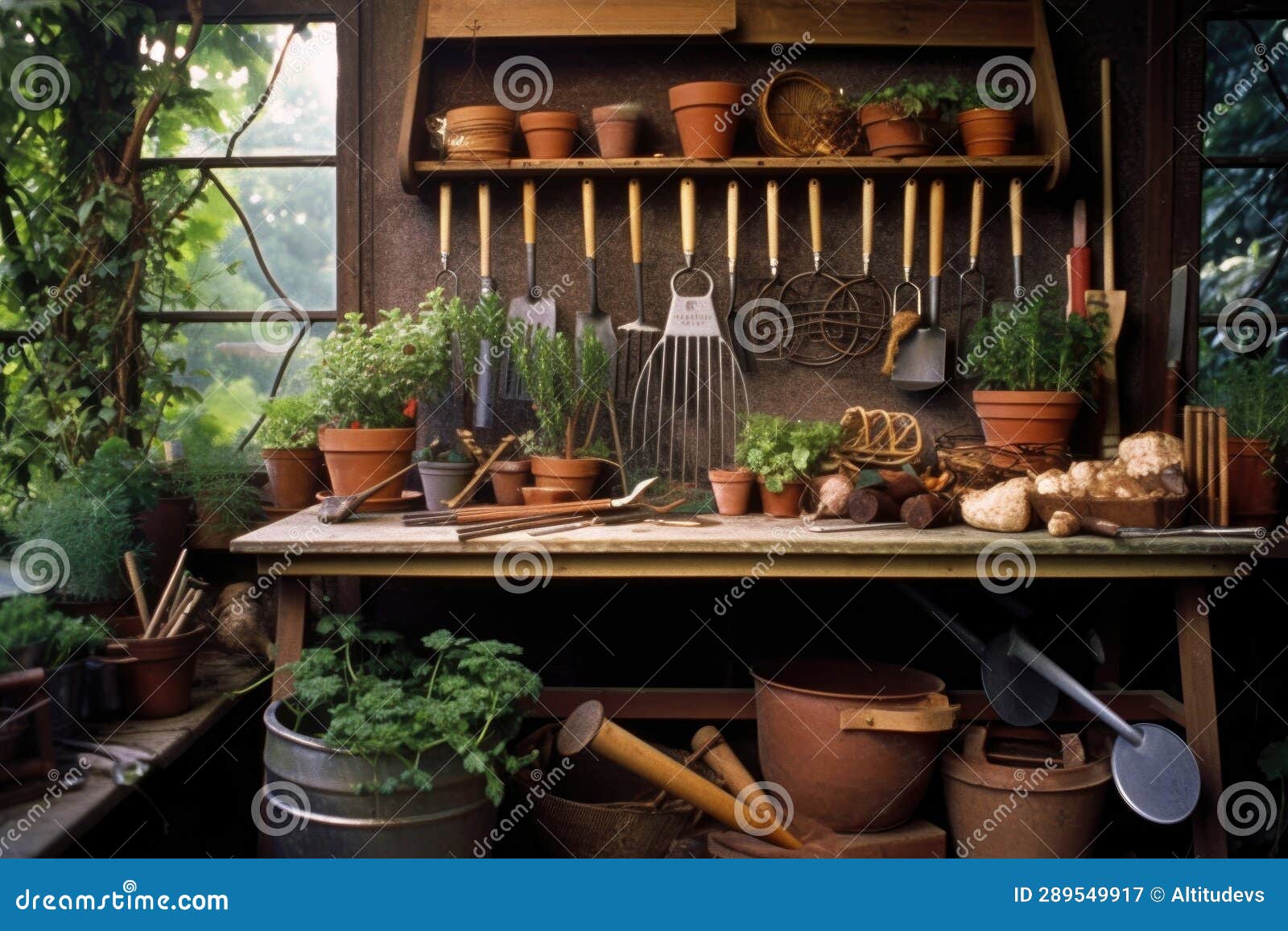 Gardening Tools Arranged on a Potting Bench Stock Image Image of fork