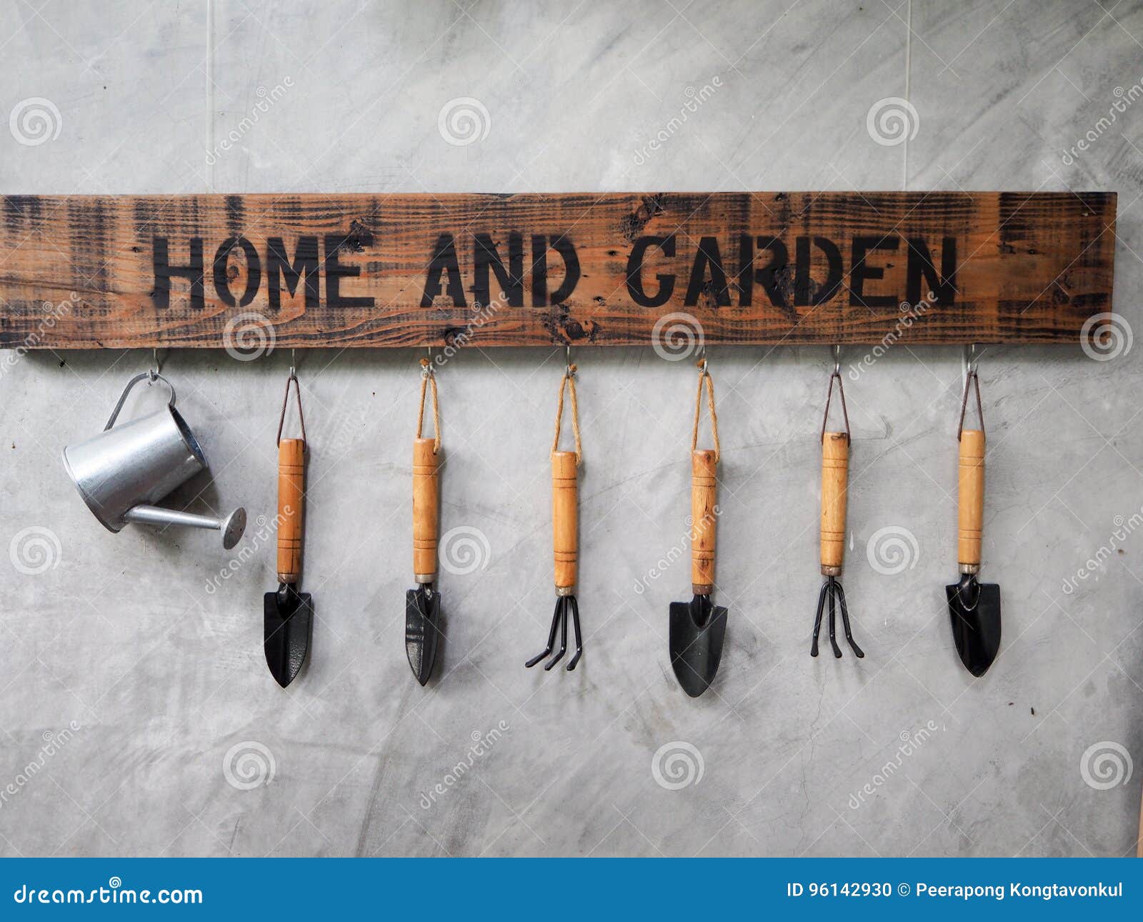 Gardening Tools Hang on the Concrete Wall Stock Photo Image of rustic, garden 96142930