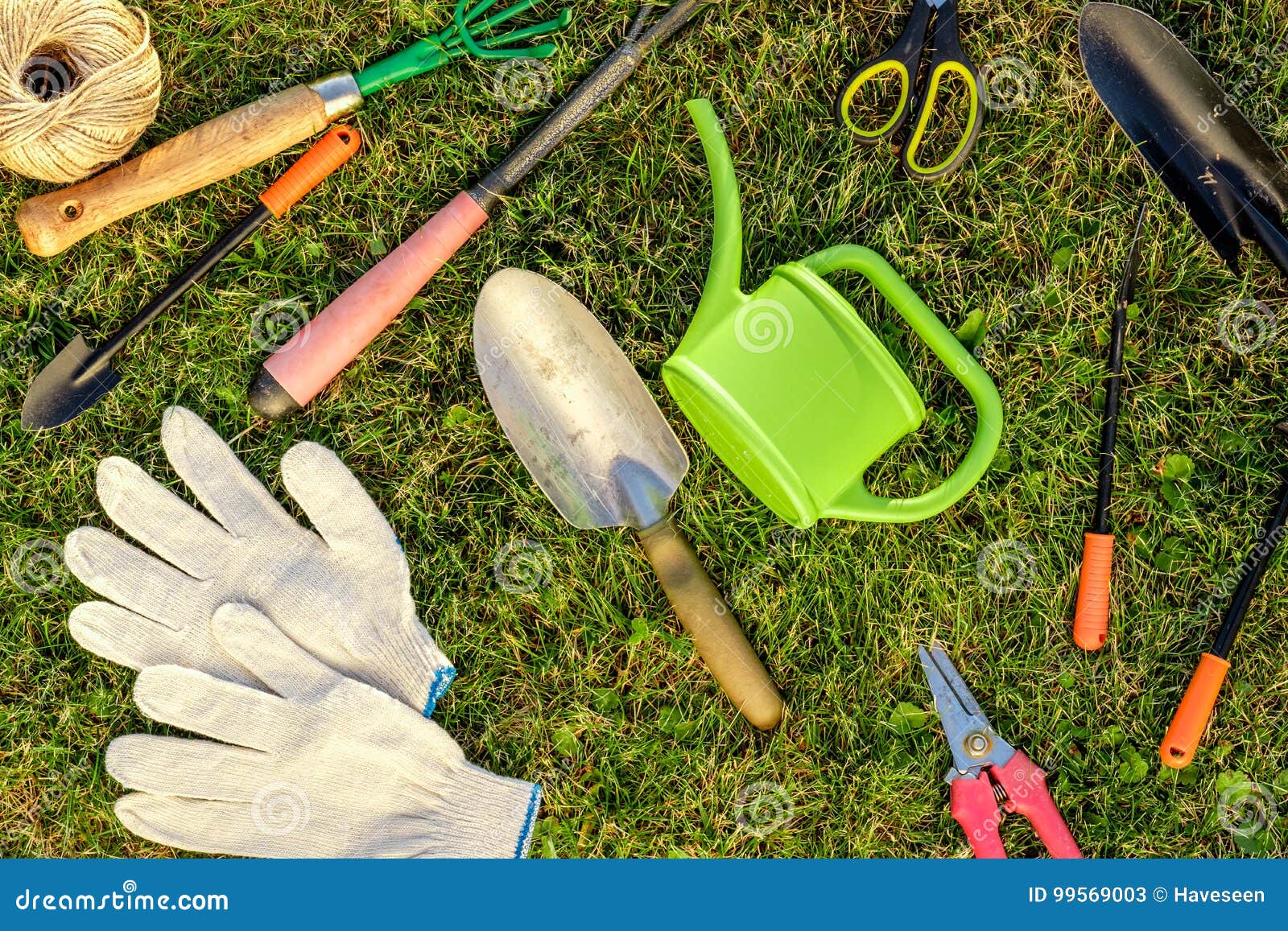 Gardening Tools and Watering Can on Grass Stock Image - Image of field ...