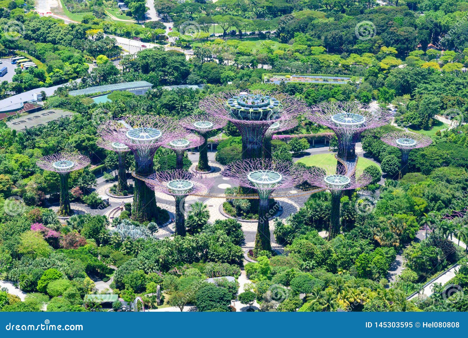 gardens by the bay, singapore, asia. aerial view of park with supertrees.