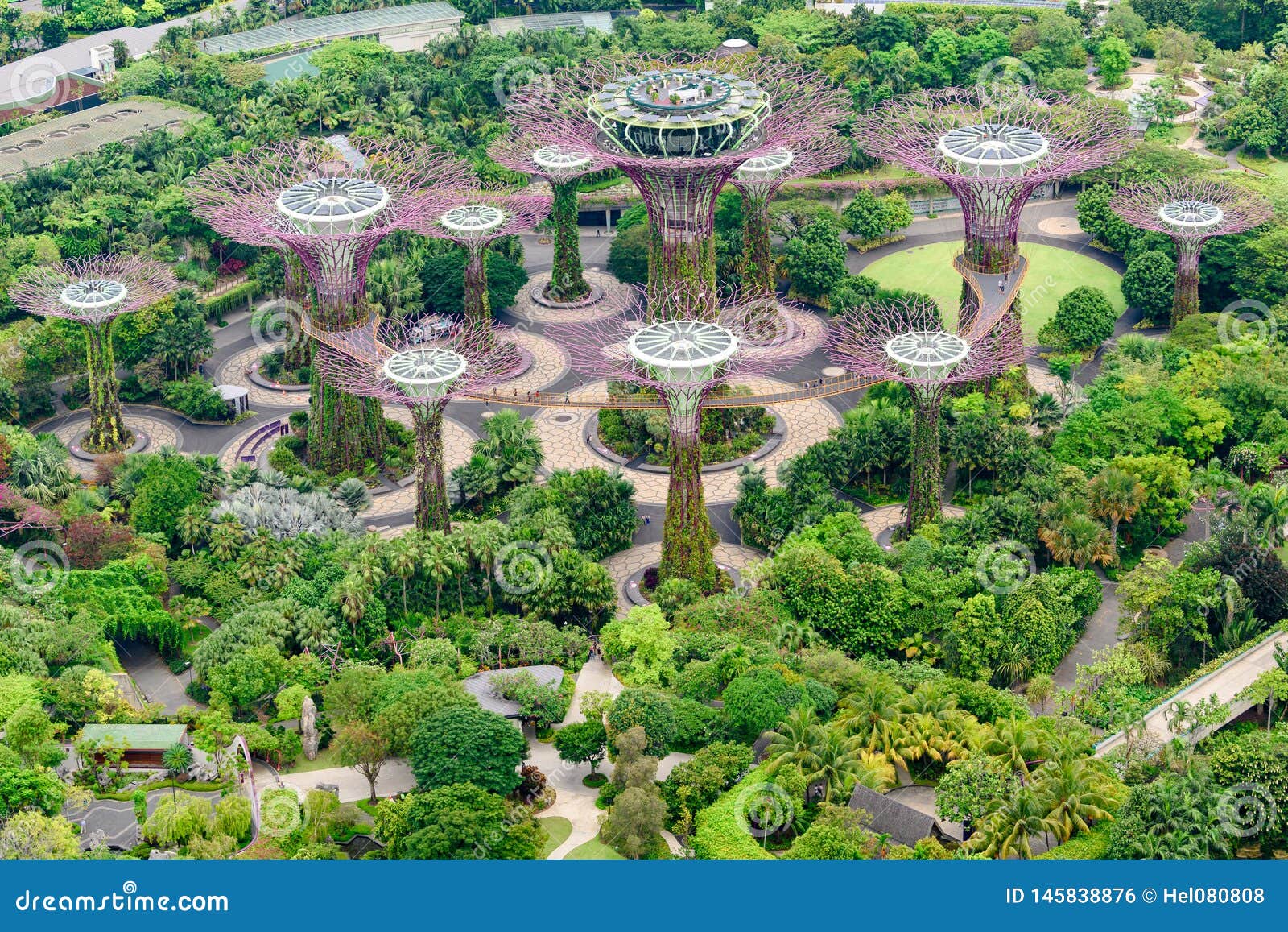 gardens by the bay, singapore, asia. aerial view of park with supertrees.