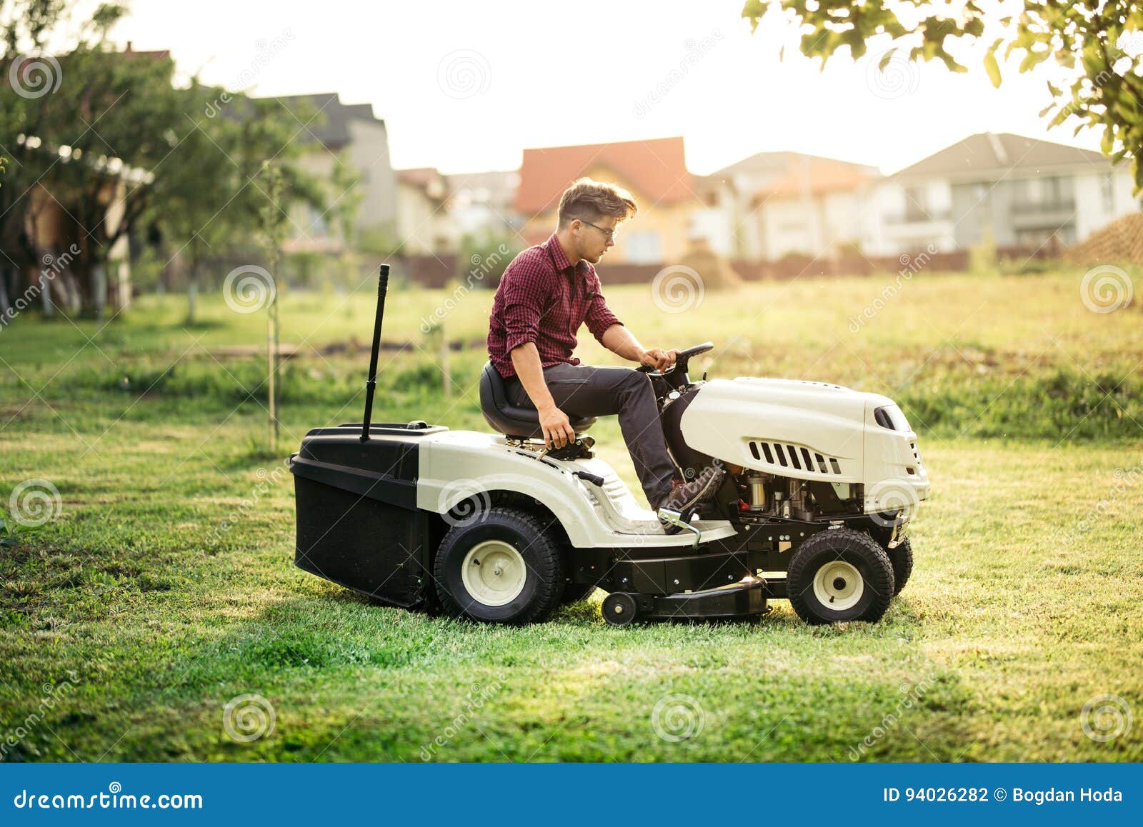 Gardner Mowing Lawn with Rideon Tractor Stock Photo Image of male