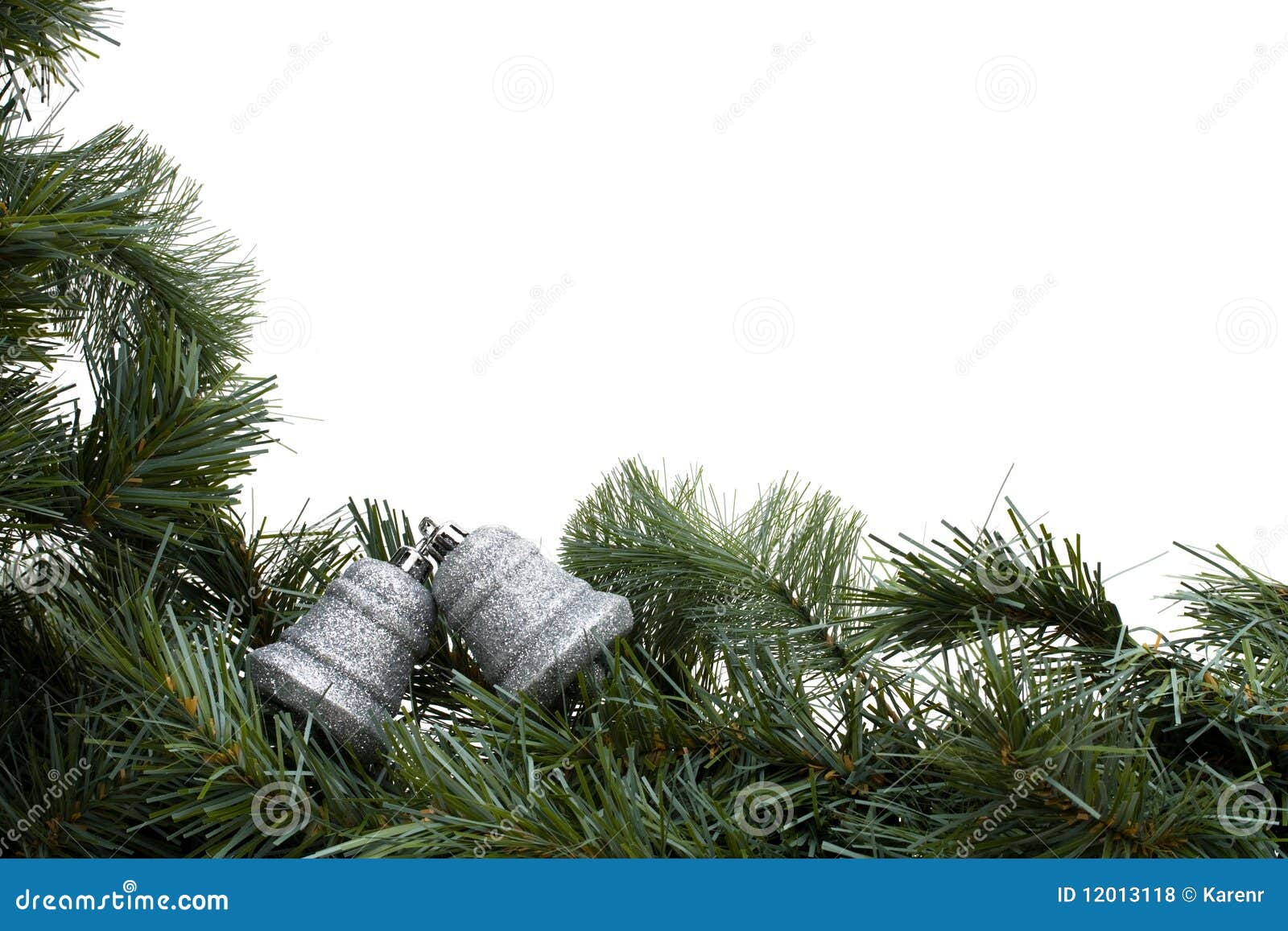 A green garland border with silver bells isolated on a white background, garland border