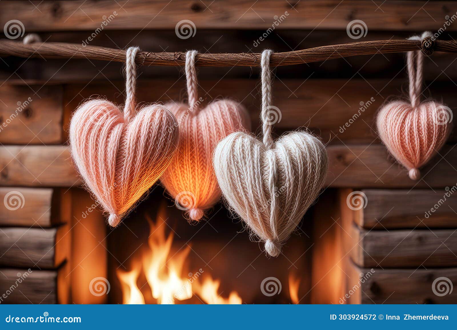 Garland of Knitted Hearts in a Cozy Rustic Interior. Background ...